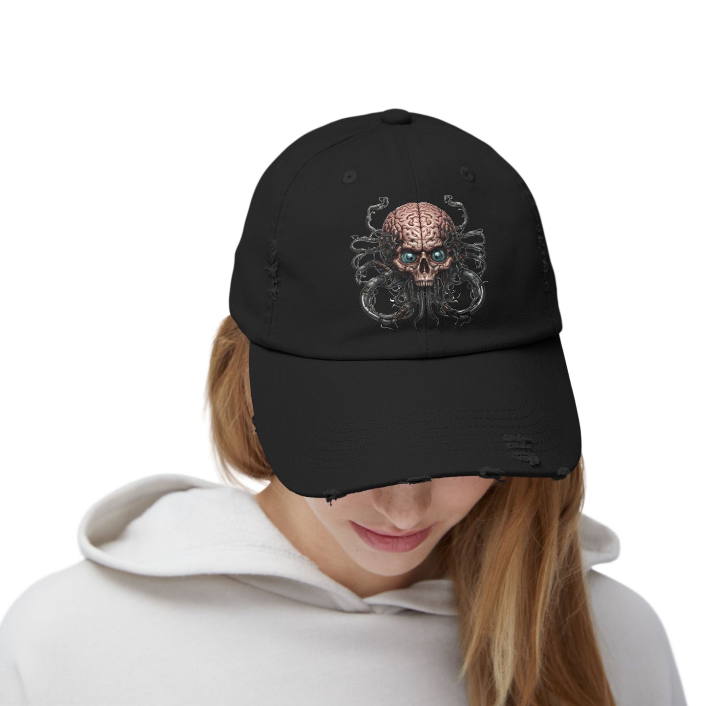 Alien Brain Robot Skull Hat, Contra Video Game Inspired Ball Cap, Metal Tentacle Cyborg Outer Space Bedroom Spring, Summer, Fishing Gift