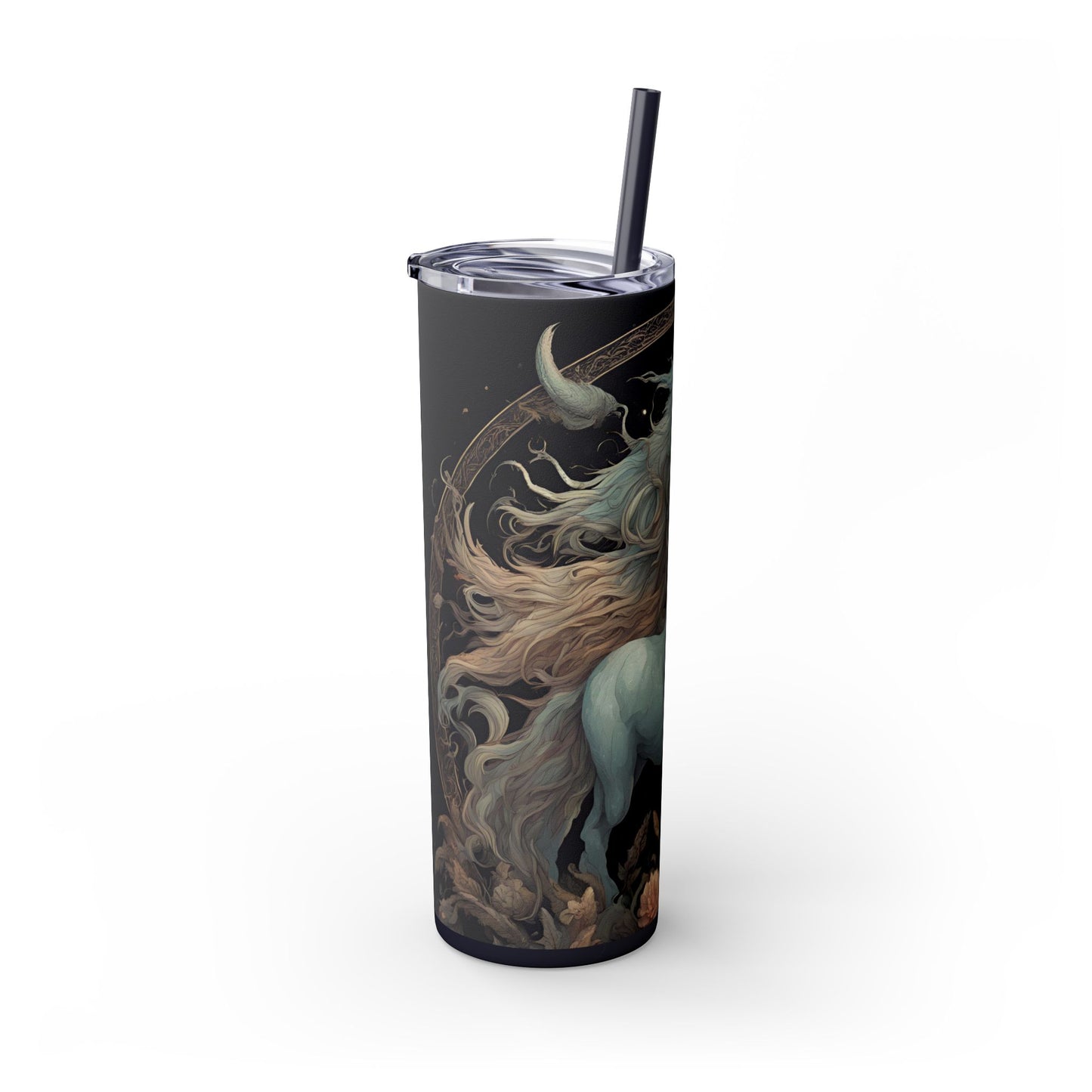 Majestic Myths Skinny Tumbler | Horned Goat Horse Drinking Cup | Floral Flower Night Sky Moon Fantasy Road Trip Exercise Traveler