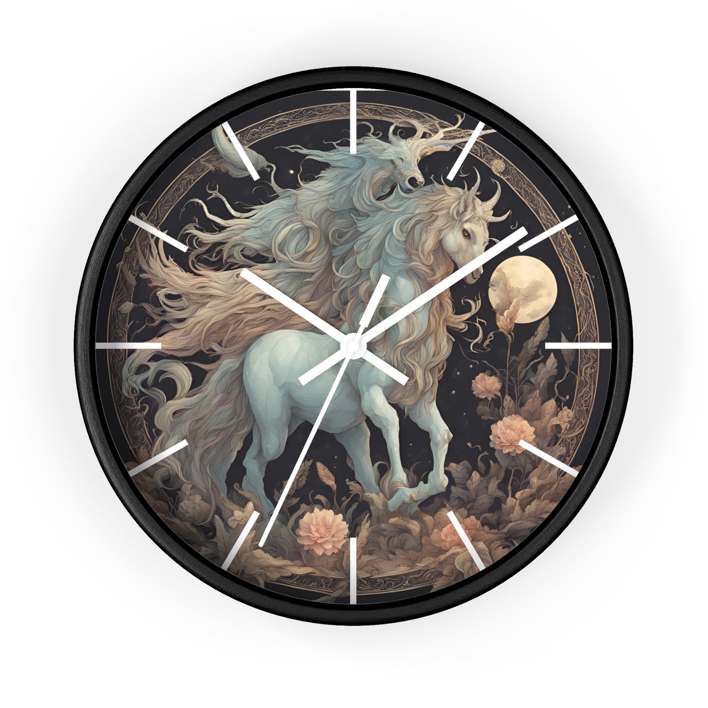 Majestic Myths Art Clock | Floral Flower Night Field Horned Horse Wall Hanging | Mystical Moon Fantasy Home Office Decor Gift
