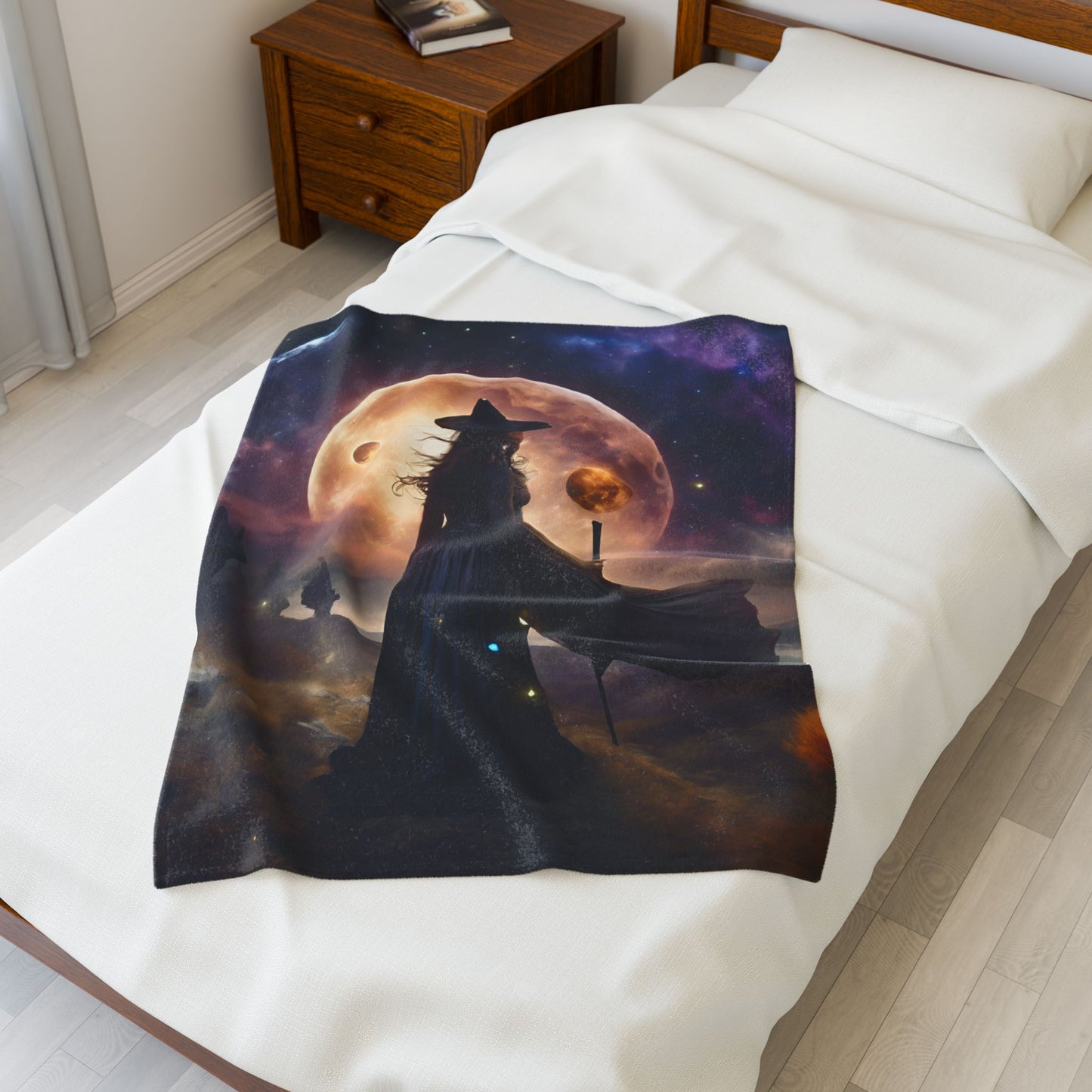 Witch of the Moons Wiccan Blanket, Time & Space Lunar Fantasy Galaxy Couch Throw Snuggle Sheet, Mystical Witchcraft Spell Bedroom Blanket