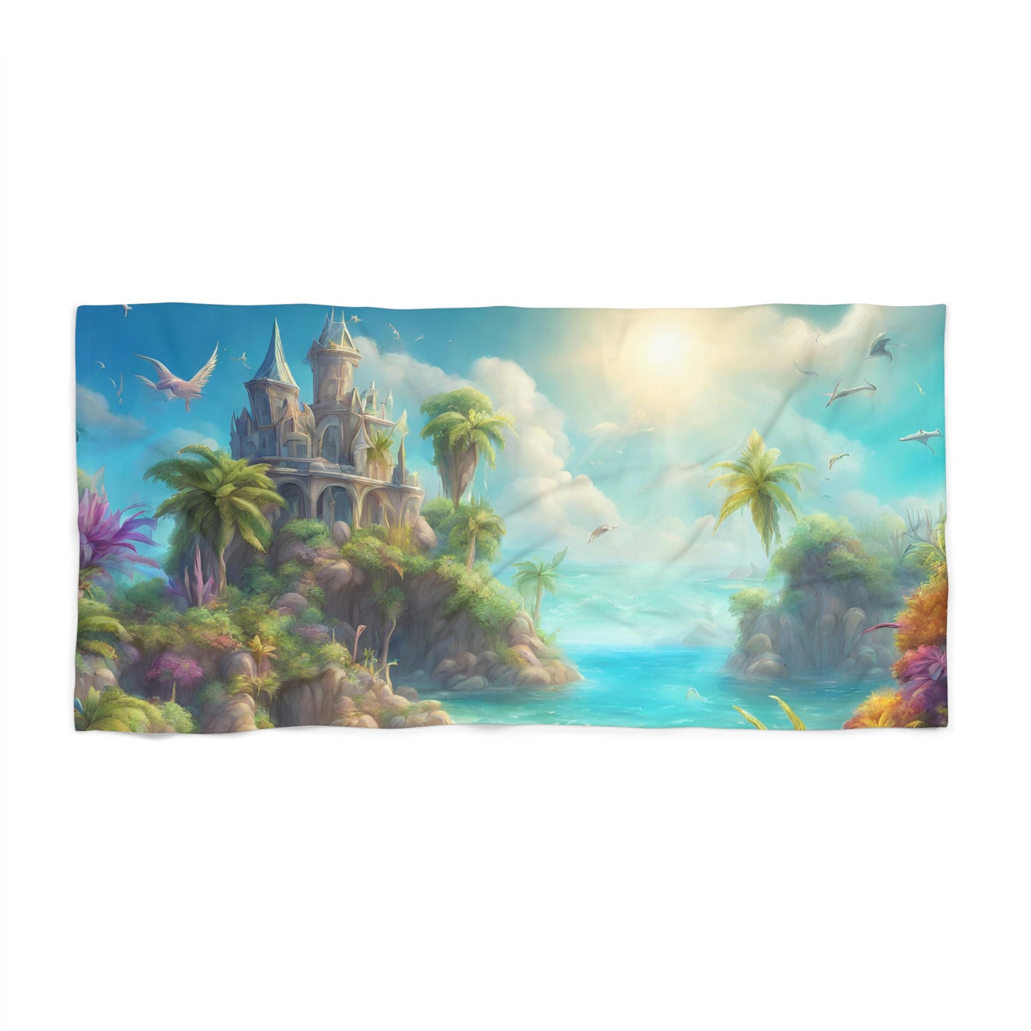 Majestic Fantasy Hidden Island Castle Beach Towel | Sunny Ocean Getaway Swimming Pool Blanket | Poolside Sand & Water Deck Tanning Sunbather