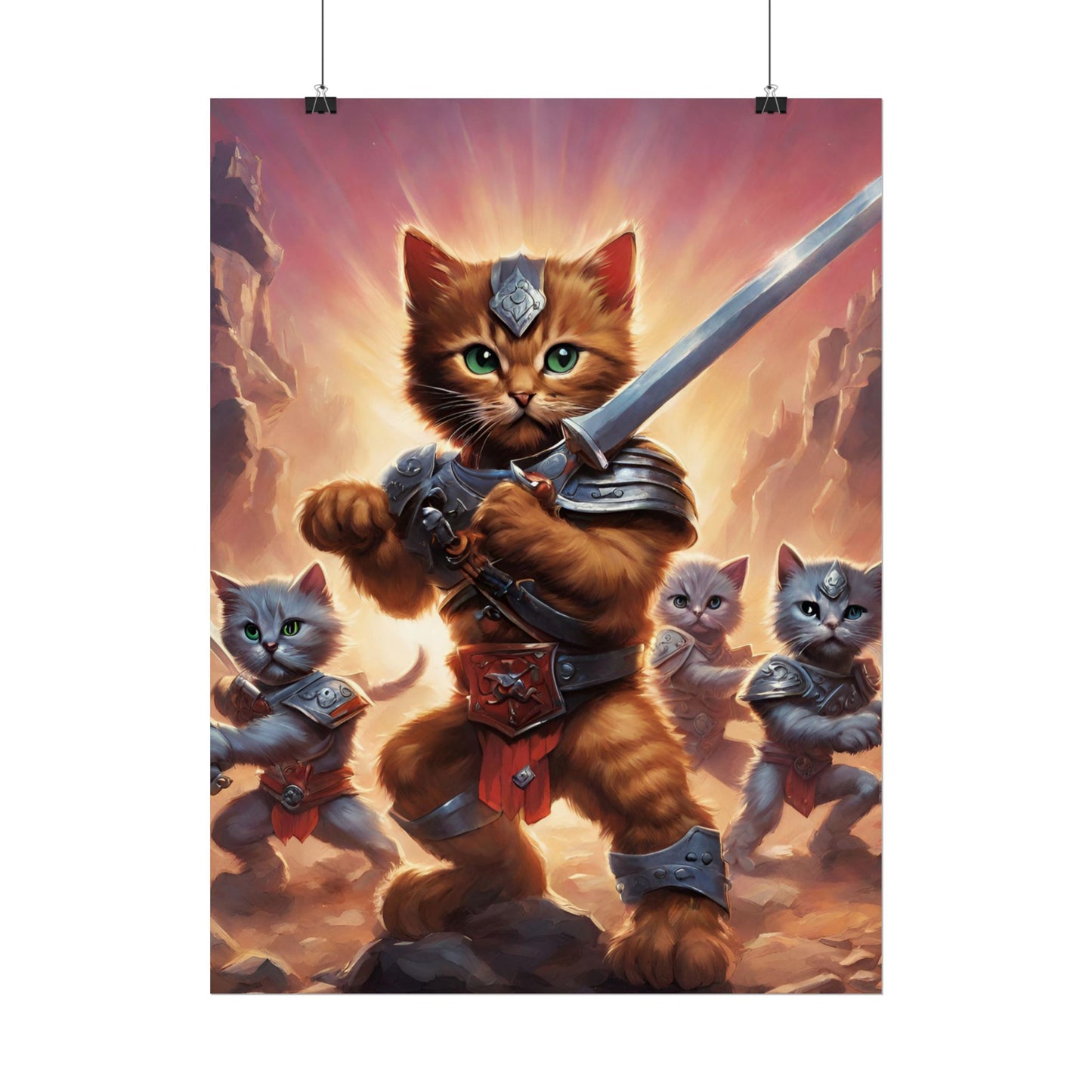 Cat Battler Warrior Poster, Office Child Bedroom Man Cave Portrait, Sword Wielding Cat Universe, Kitten Fighters Fantasy Wall Hanging