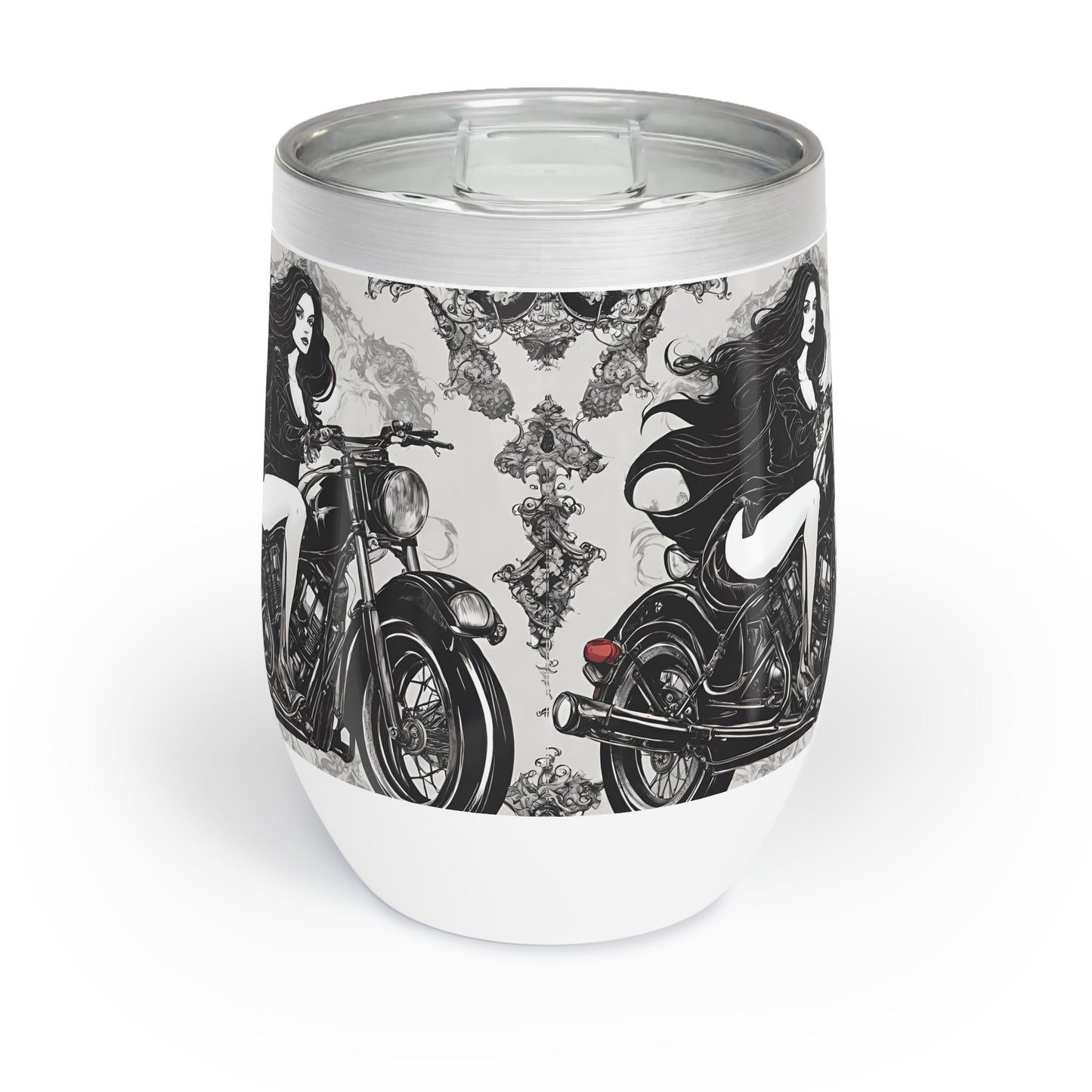 Gothic Girls Motorcyle Wine Tumbler, Biker Chick Riding Wine Cooler, Black and White Cycle Insulated Cup