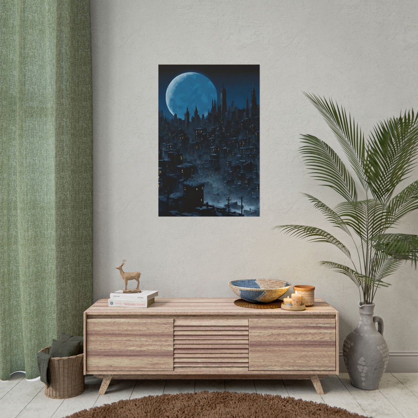 Wall Decor | Dark City Of The Night Poster | Blue Moon Darkness Falls Art | Gothic Lunar Moonlight Skyline | Living Room or Office Decor