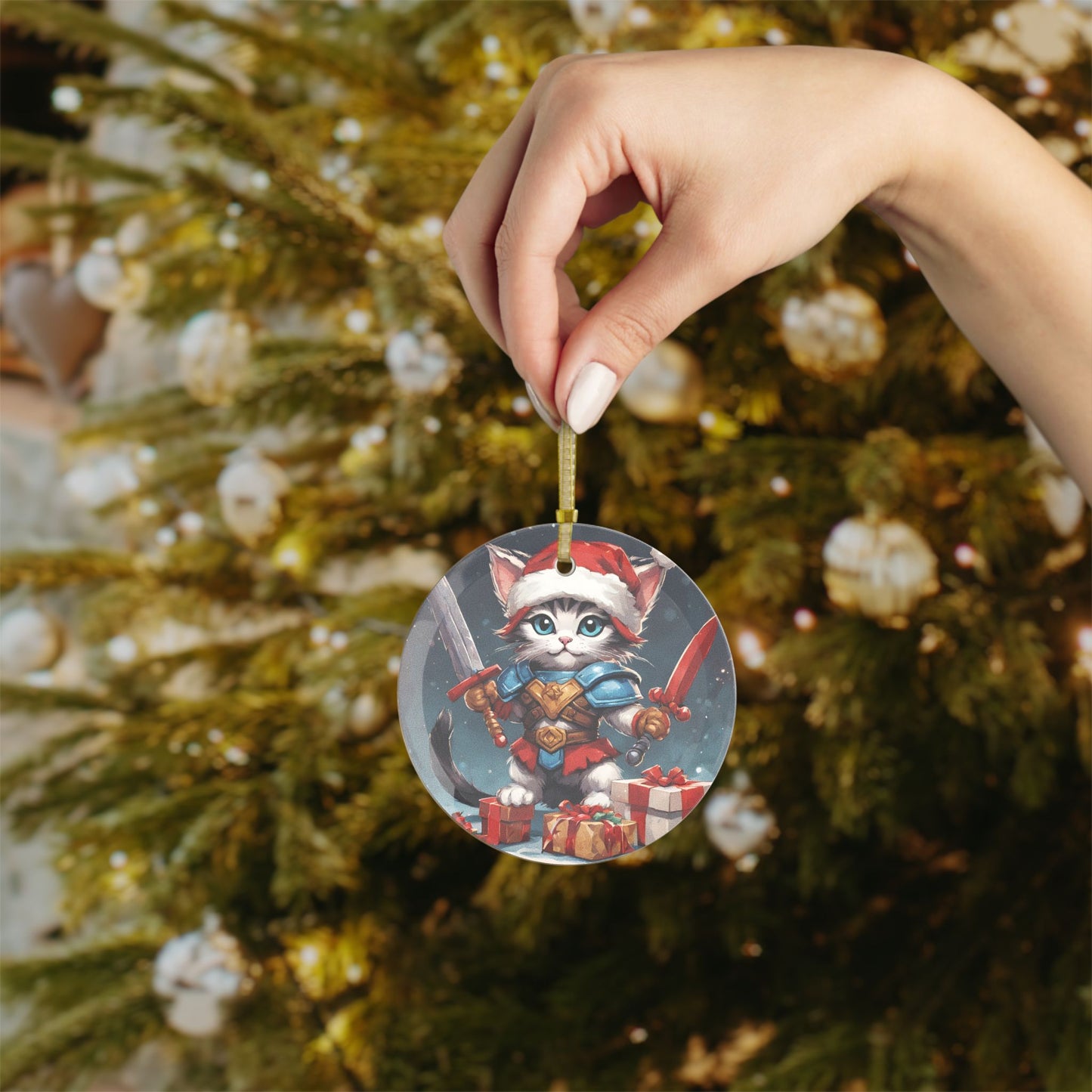 Kitten Christmas Ornament, Holiday Tree Decoration, Adorable Cat Gift, Round Glass Keepsake, KITTEN WARRIOR