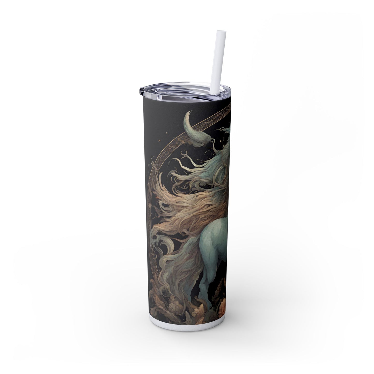 Majestic Myths Skinny Tumbler | Horned Goat Horse Drinking Cup | Floral Flower Night Sky Moon Fantasy Road Trip Exercise Traveler