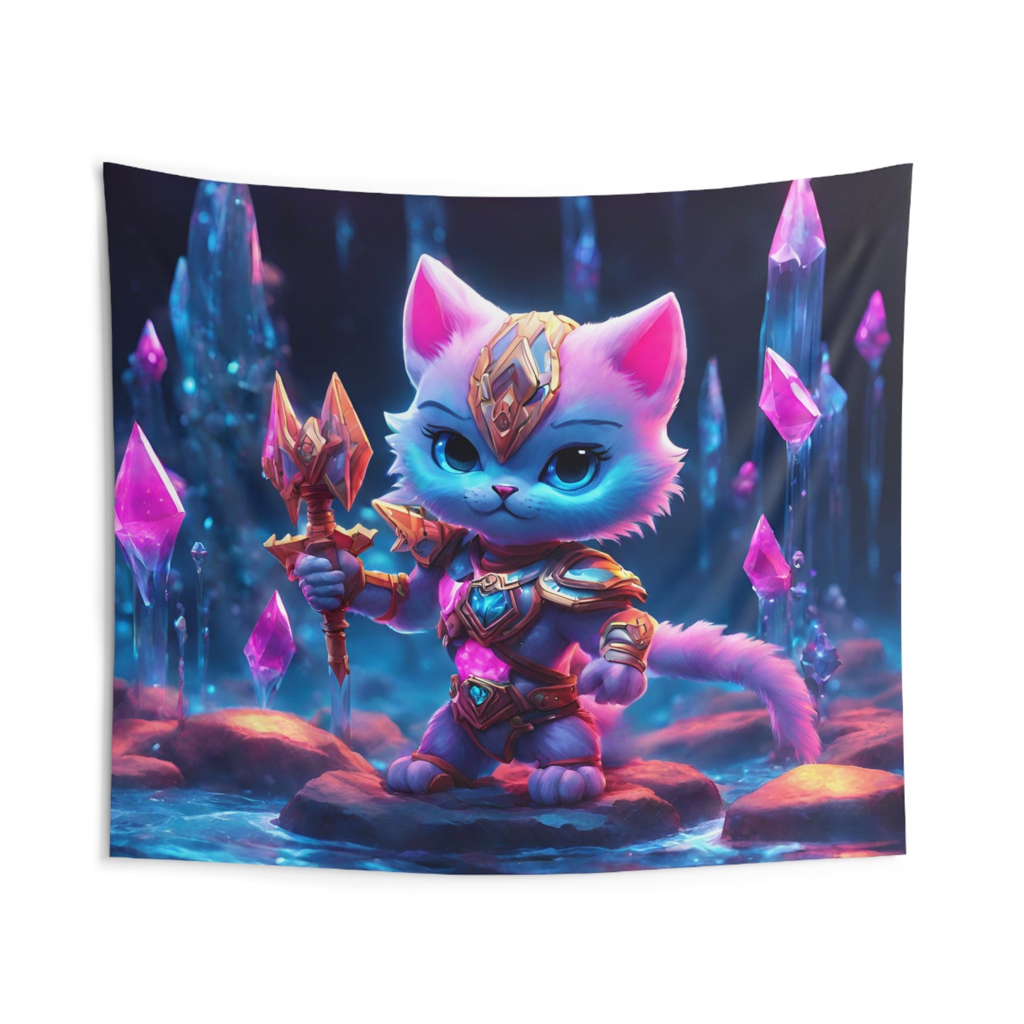 Warrior Cat Crystal Cavern Tapestry, White Armored Kitten Golden Weapon Wall Hanging, Pink Rock Mystical Cave River Graphic Tapestry