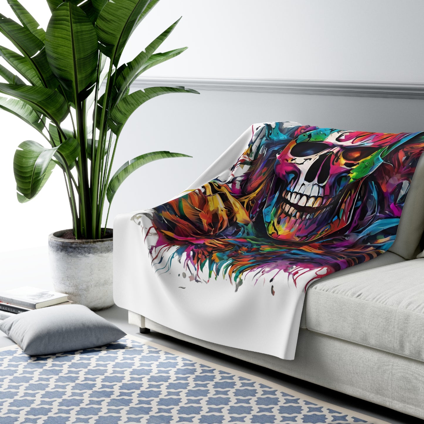 Abstract Art Blanket | Masters of the Universe Inspired Sherpa Fleece | Rainbow Psychedelic Skull Couch Throw | Evil Scareglow Skeletor Gift