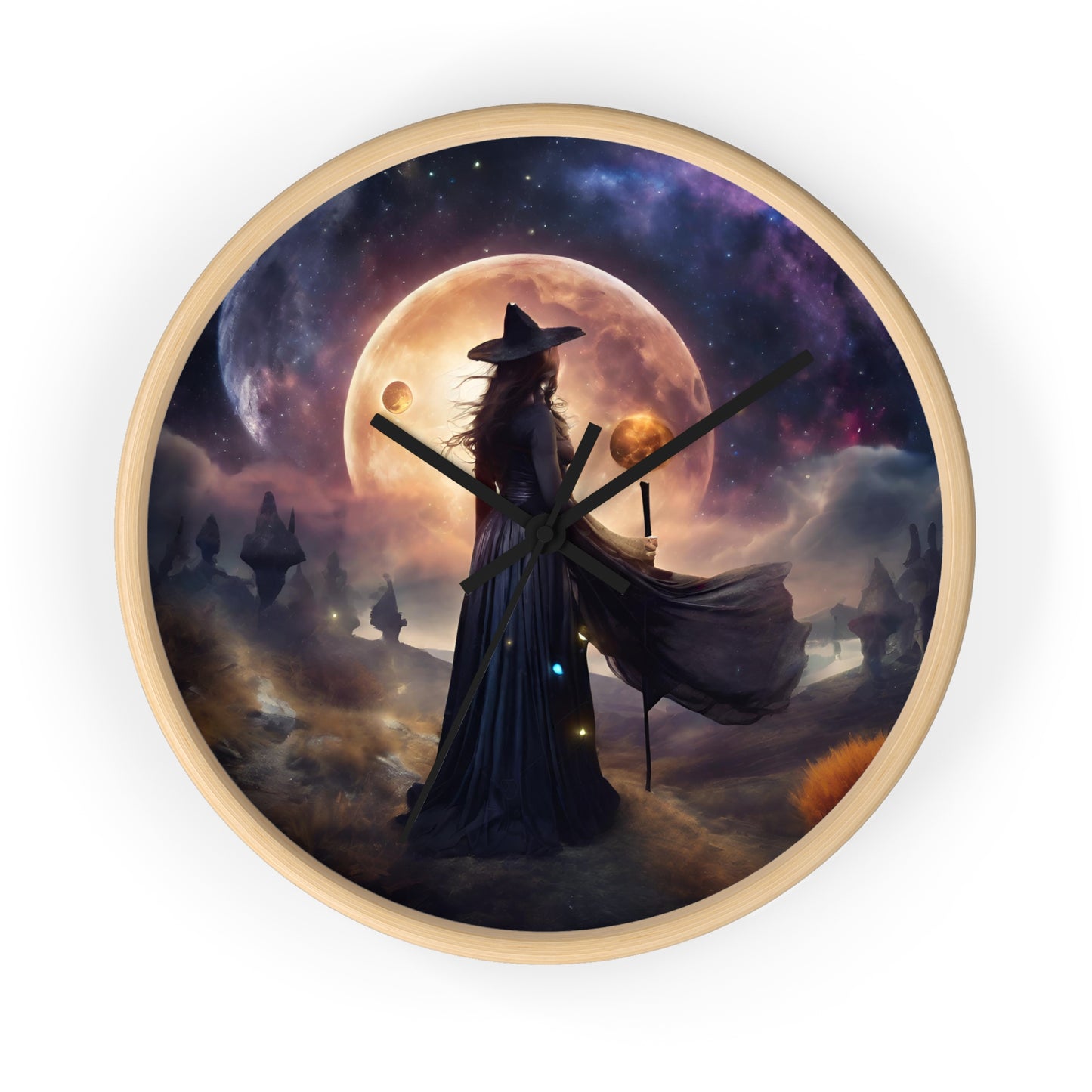 Wiccan Moon Wall Art Clock | Mystical Fantasy Galaxy Witch Pagan Astronomy Wall Hanging | Home Office Lunar Witchcraft Wall Decor Gift