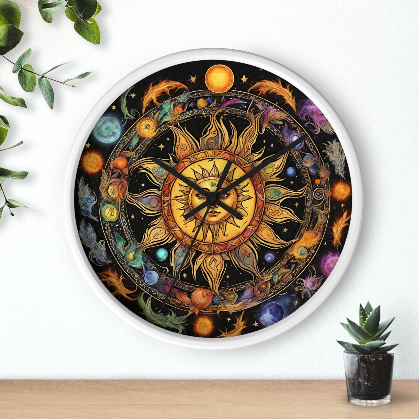 Sun Collage Wall Art Clock | Celestial Solstice Astronomy Wiccan Hanging | Comet Constellations Home Office Solar System Pagan Decor Gift
