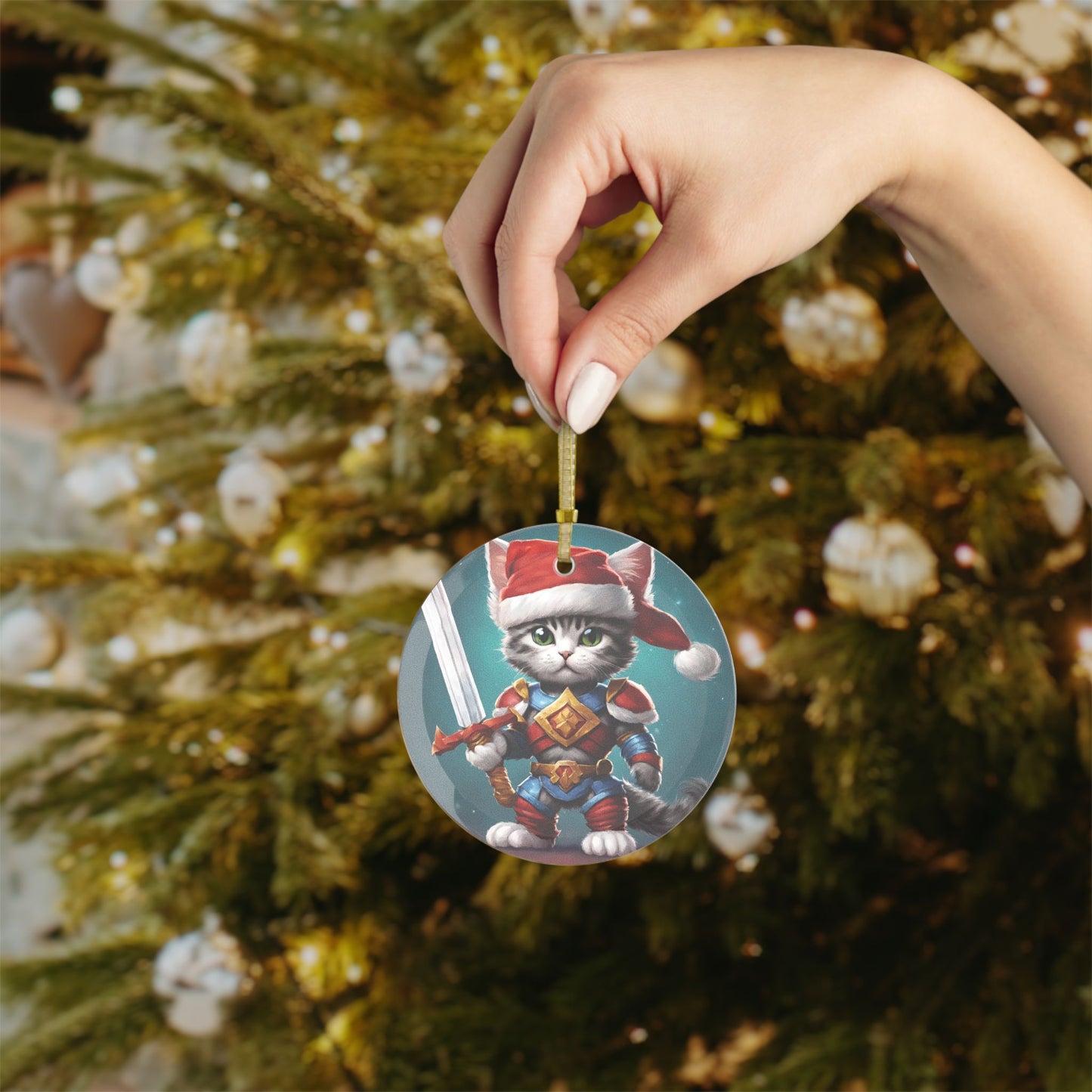 Kitten Christmas Ornament, Holiday Tree Decoration, Adorable Cat Gift, Round Glass Keepsake, KITTEN WARRIOR