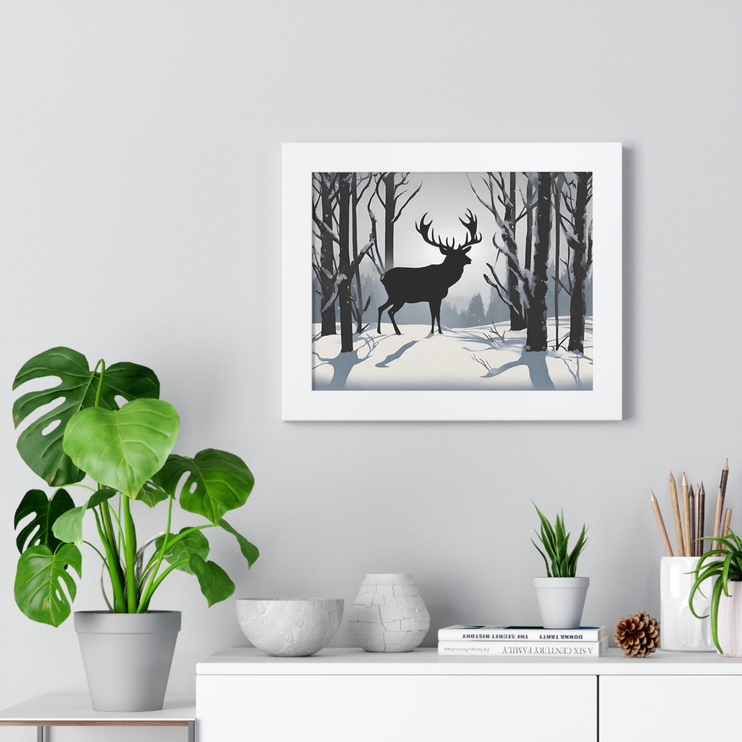 Animal Wall Art, Deer Hunter Picture, Big Buck Print, Hunting Cabin, Shadow Wall Hanging, Winter Snow Image, Living Room Poster, Framed Art