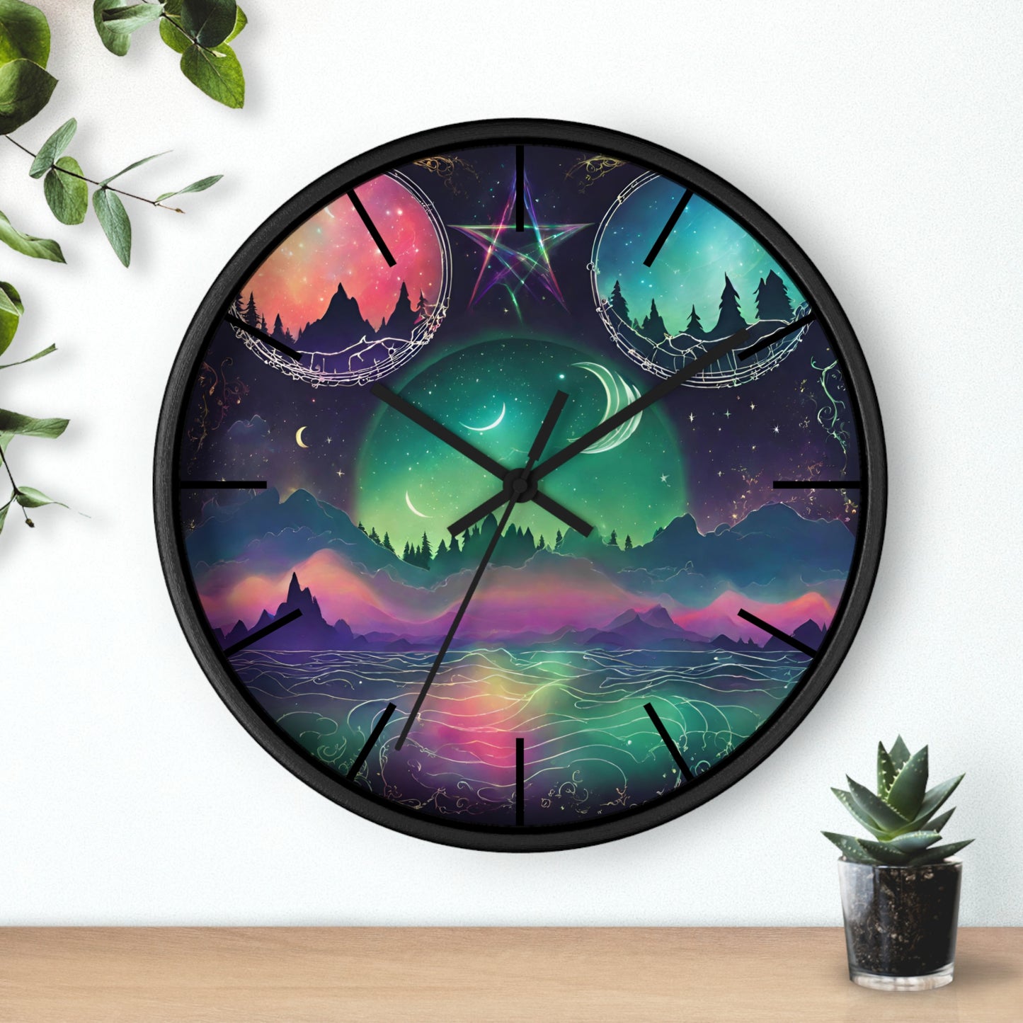Moonlight Mountains Wall Clock | Aurora Borealis Astronomy Star Moons Constellations Office Decor Gift, Solar System Home Hanging Unique Art