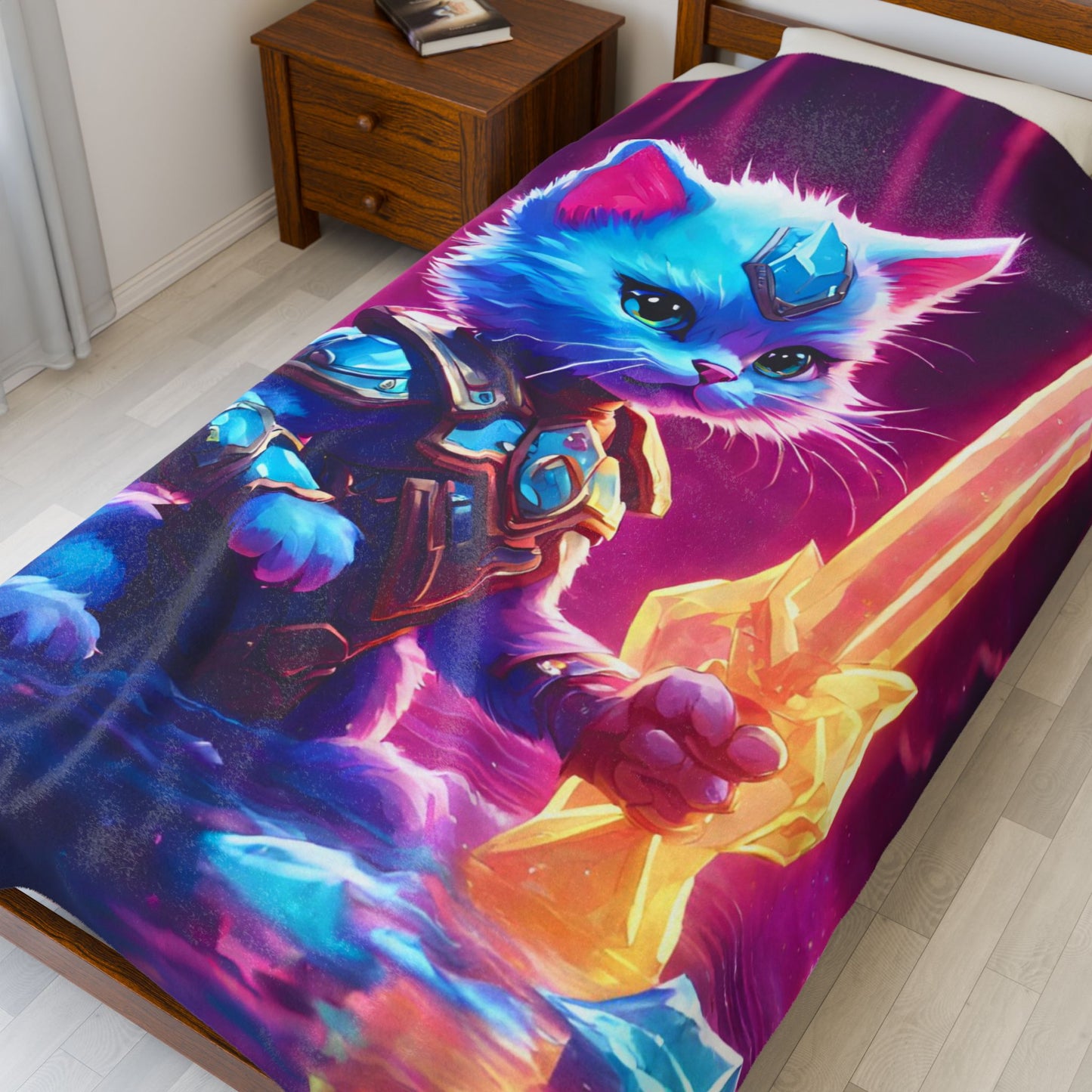 Warrior Cat Crystal Sword Blanket, Glowing Neon Cave Plush Sheet Blanket, Armored Kitten Bed Cover, Shielded Mystic Blade Bedroom Throw