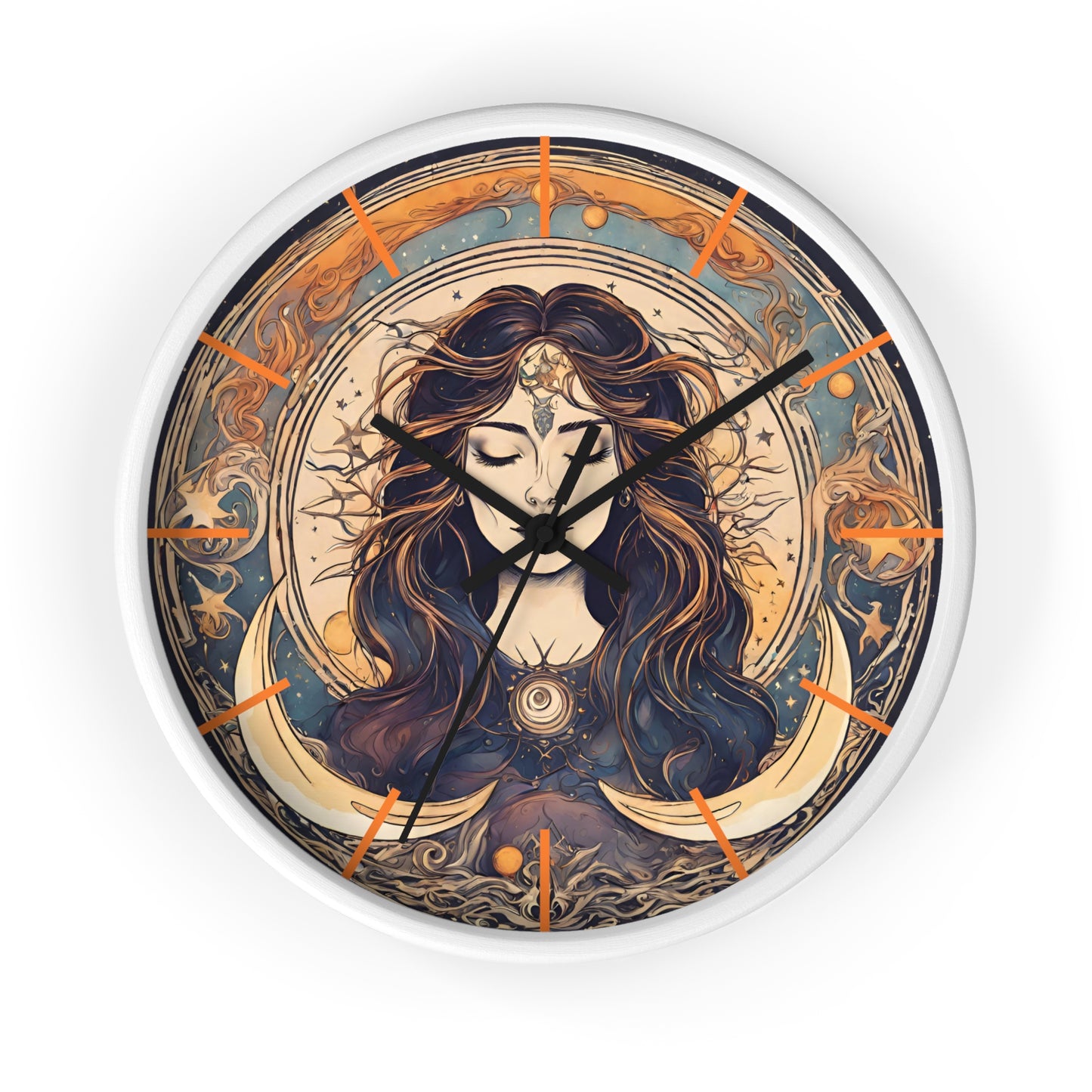 Sun & Moon Goddess Wall Art Clock | Lunar Stars and Space Astronomy Wall Hanging | Keeper of Time Home Office Solar System Wall Decor Gift