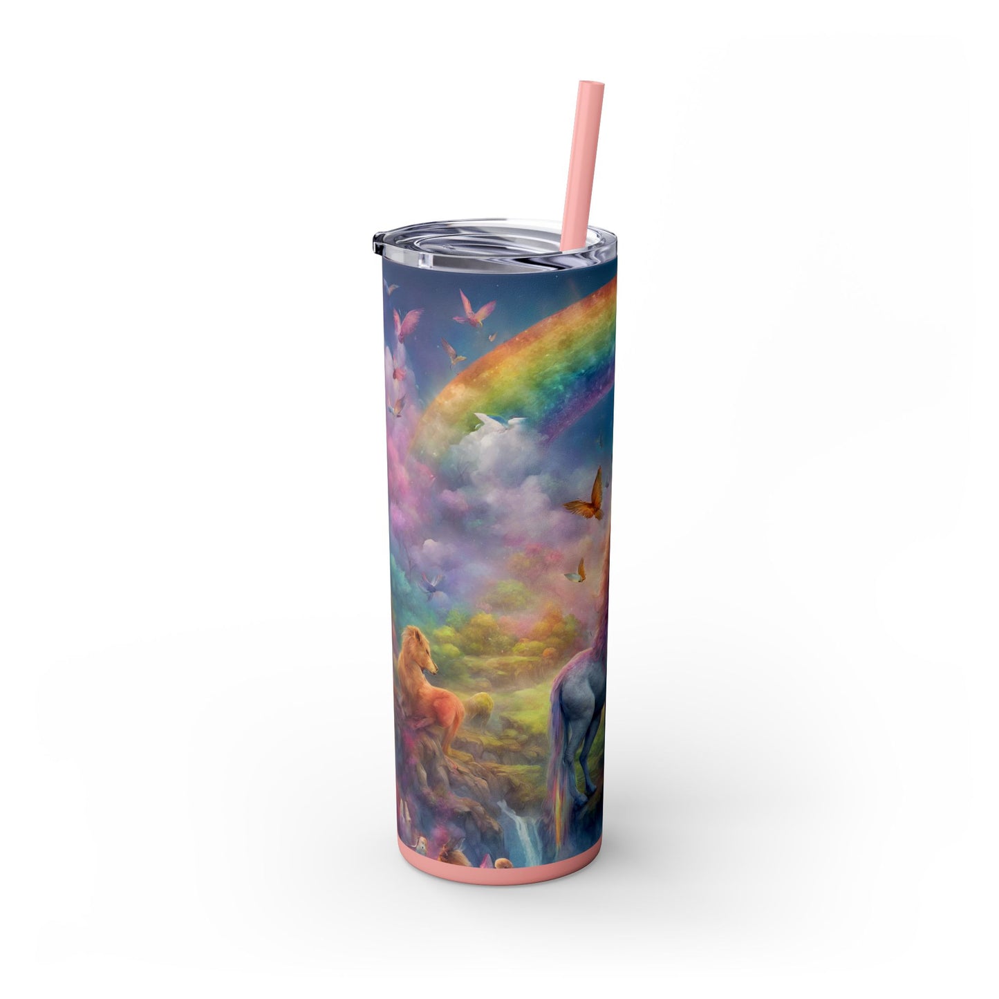 Girls Rainbow Unicorn Tumbler, Skinny Drinking Hot Cold Traveler, Mystical Fantasy Liquid Cup