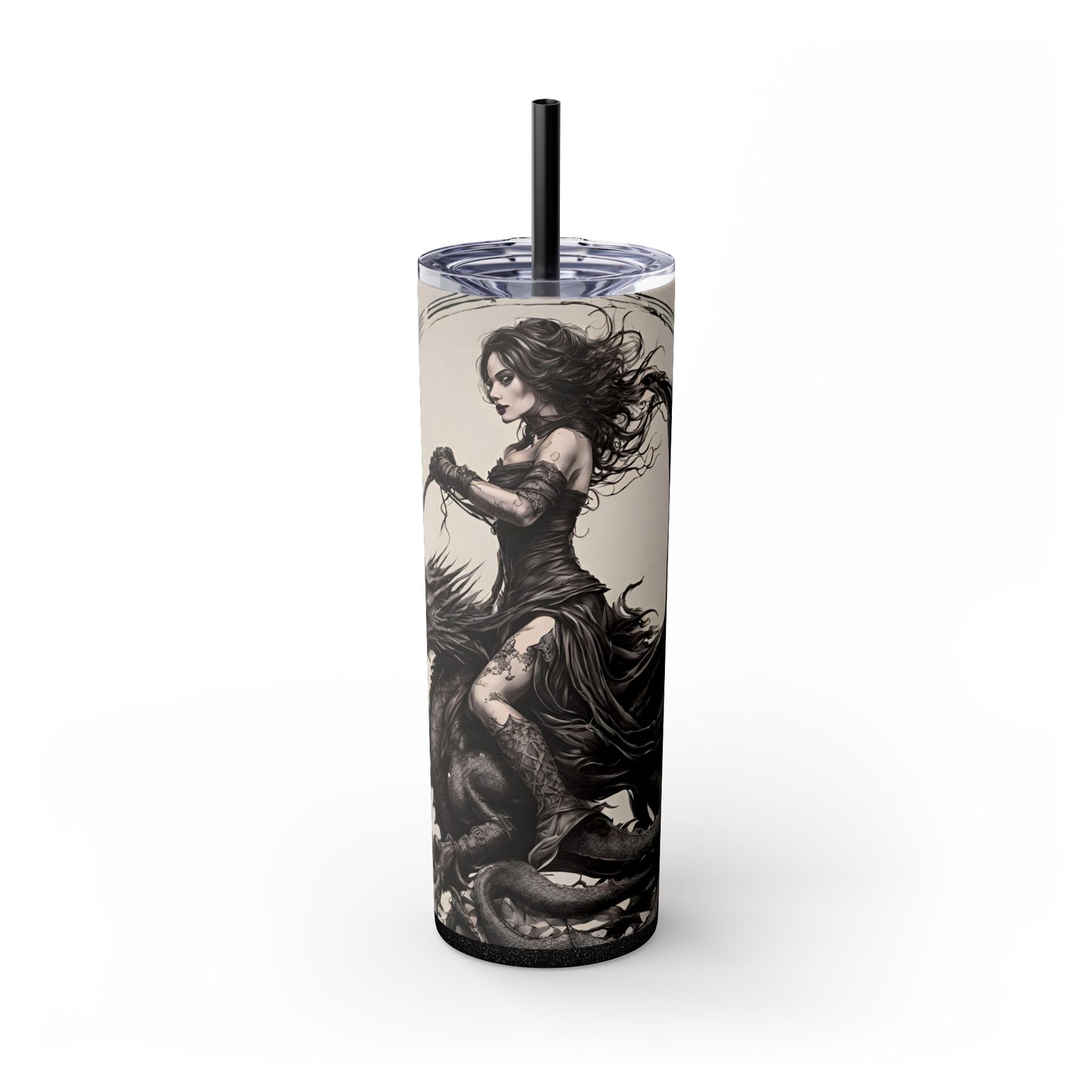 Gothic Medieval Flying Dragon Tumbler, Beautiful Woman Beast Rider Drinking Traveler, Dark Fantasy Liquid Cup