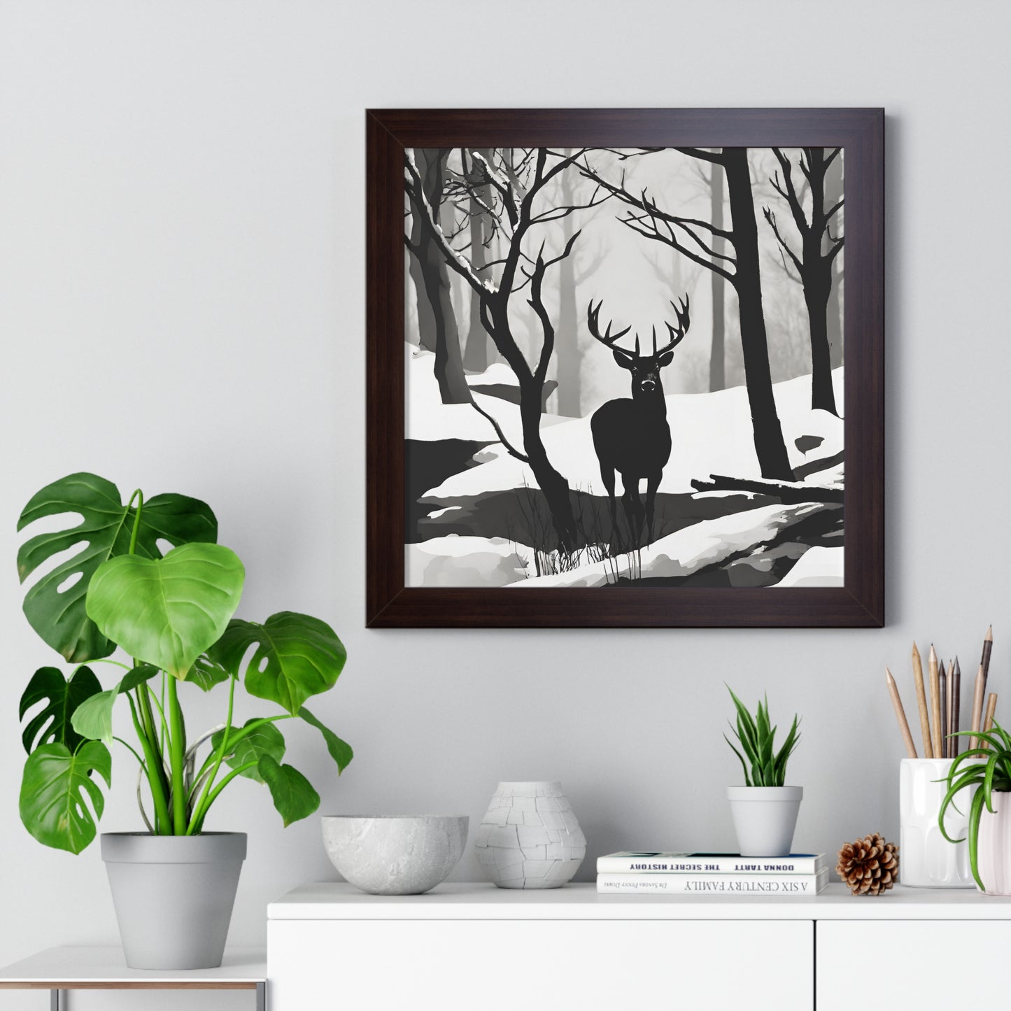 Animal Wall Art, Deer Hunter Picture, Big Buck Print, Hunting, Snowy, Creek, Shadow Wall Hanging, Winter Snow Image, Living Room Poster