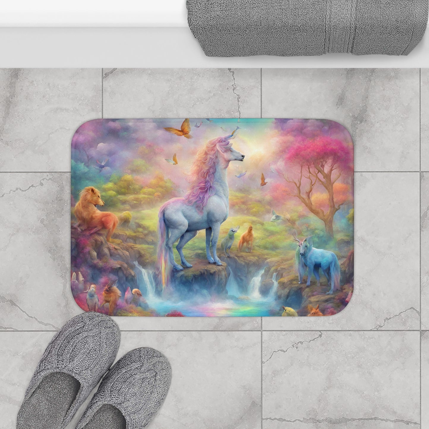 Unicorn Bath Mat, Mystical Animals, Girls Bathroom Rug, Home Living Toiletry Rug, Shower Mat