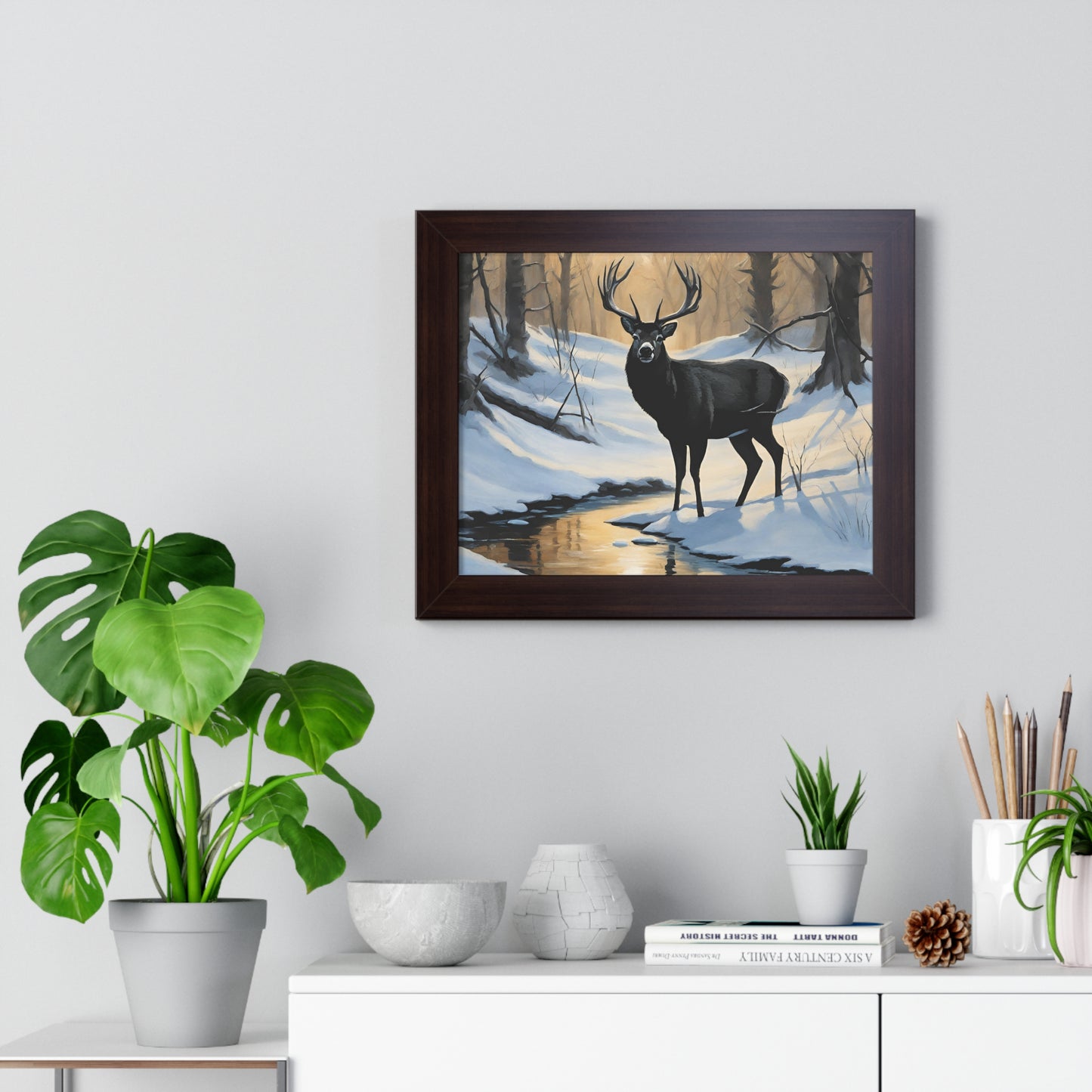 Animal Wall Art, Deer Hunter Picture, Big Buck Print, Woods, Creek, Shadow Wall Hanging, Sunset Snow Image, Living Room Poster, Framed Art