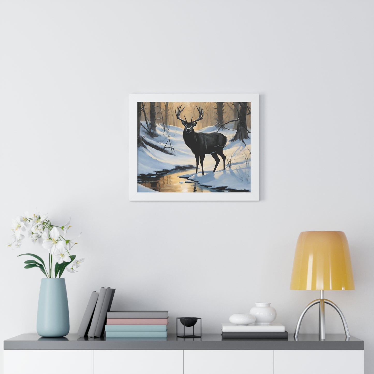 Animal Wall Art, Deer Hunter Picture, Big Buck Print, Woods, Creek, Shadow Wall Hanging, Sunset Snow Image, Living Room Poster, Framed Art