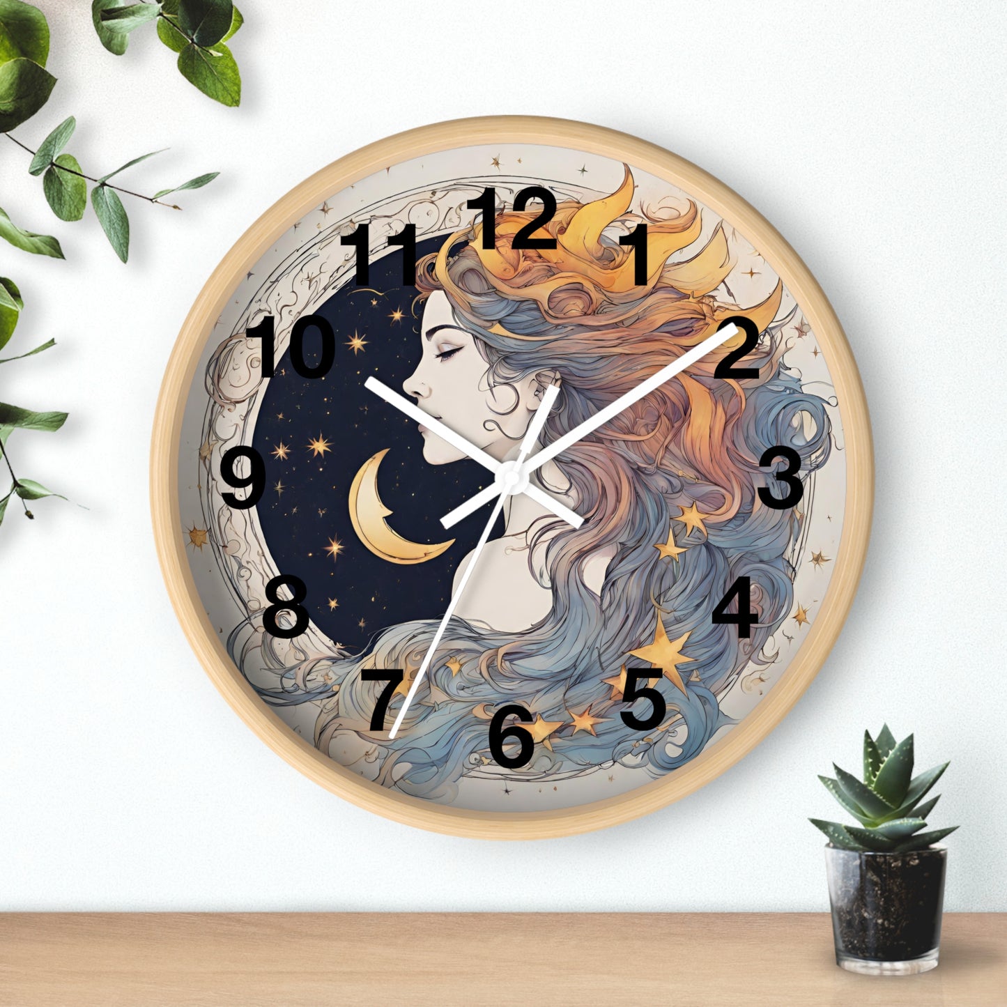 Moon Goddess Numbered Wall Art Clock | Lunar Stars & Space Astronomy Wall Hanging | Woman of Time Home Office Solar System Wall Decor Gift