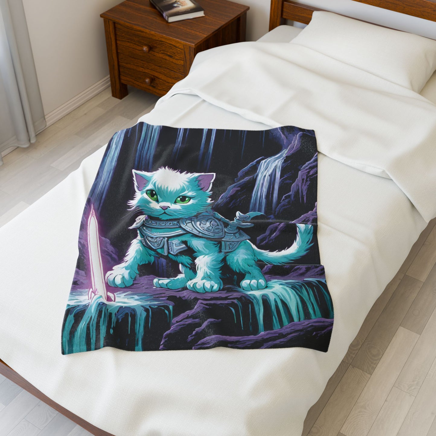 Warrior Cat Blanket, Waterfall Cat Plush Throw Blanket, Neon Sword Seeker, Armored Kitty Bed Cover, Glowing Cave Bedroom Twin Cover