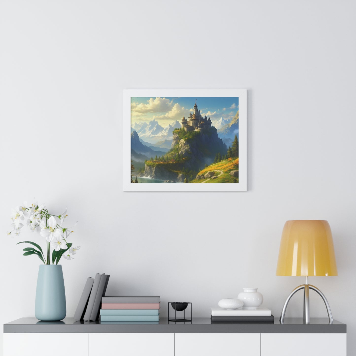 Video Game Fantasy Castle, RPG Valley Framed Poster, Mountain Nature Scene Picture, Open World Style Wall Hanging, Gamer Office Scenery