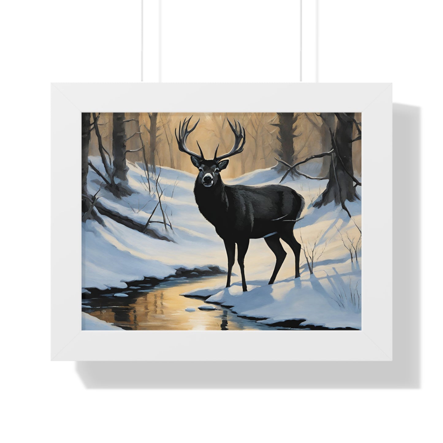 Animal Wall Art, Deer Hunter Picture, Big Buck Print, Woods, Creek, Shadow Wall Hanging, Sunset Snow Image, Living Room Poster, Framed Art