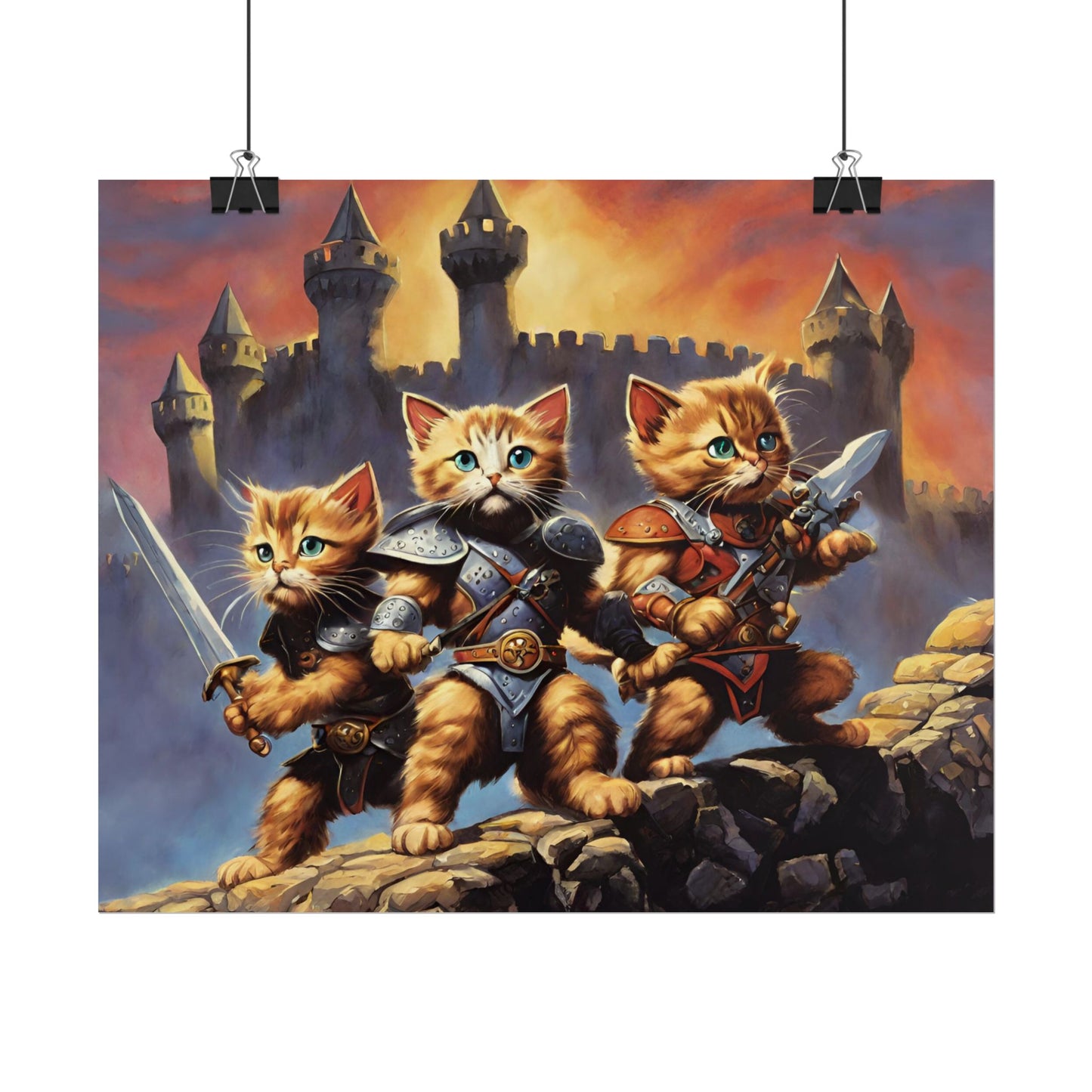Cat Battler Warrior Poster, Office Bedroom Man Cave Portrait, Sword Wielding Cat Universe, Kitten Fighters Fantasy Wall Hanging
