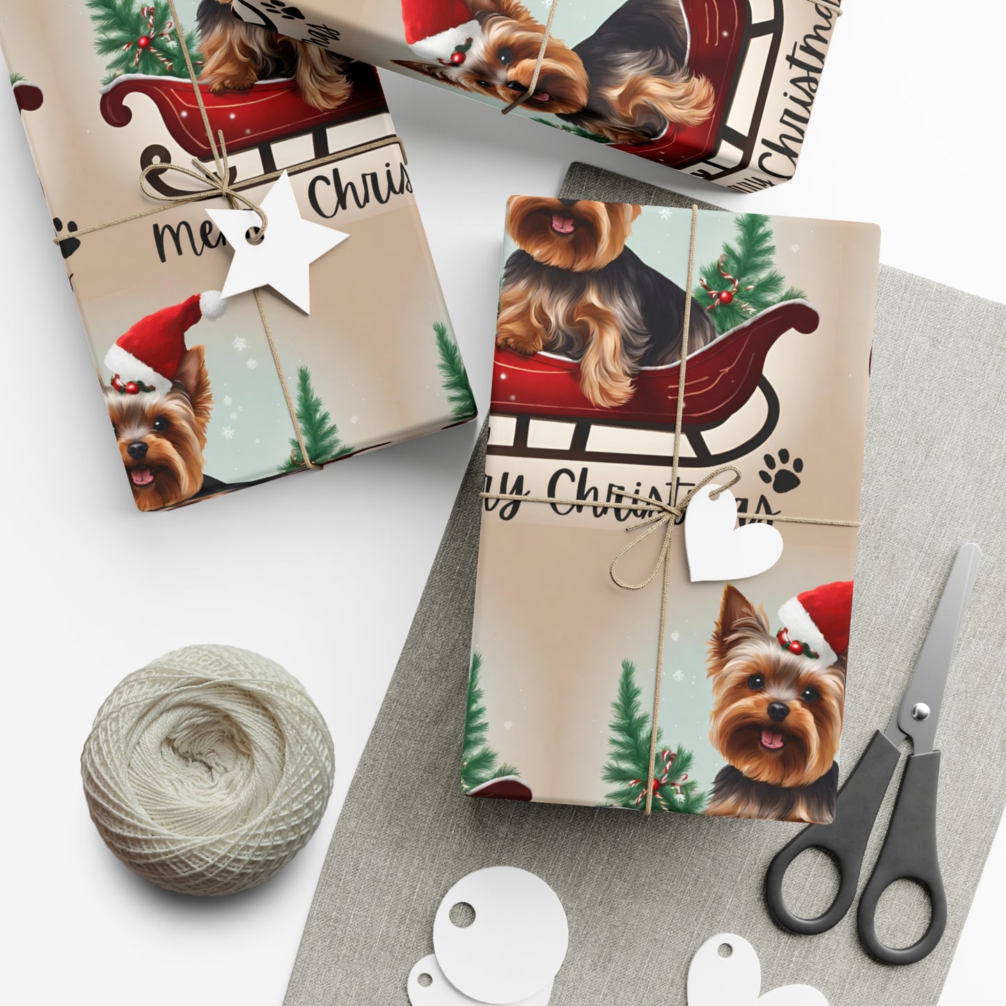 Dog Christmas Wrapping Paper, Yorkshire Terrier Sled Xmas Wrap, Santa Hat Yorkie Gift Wrap, Holiday Gift Wrap Roll