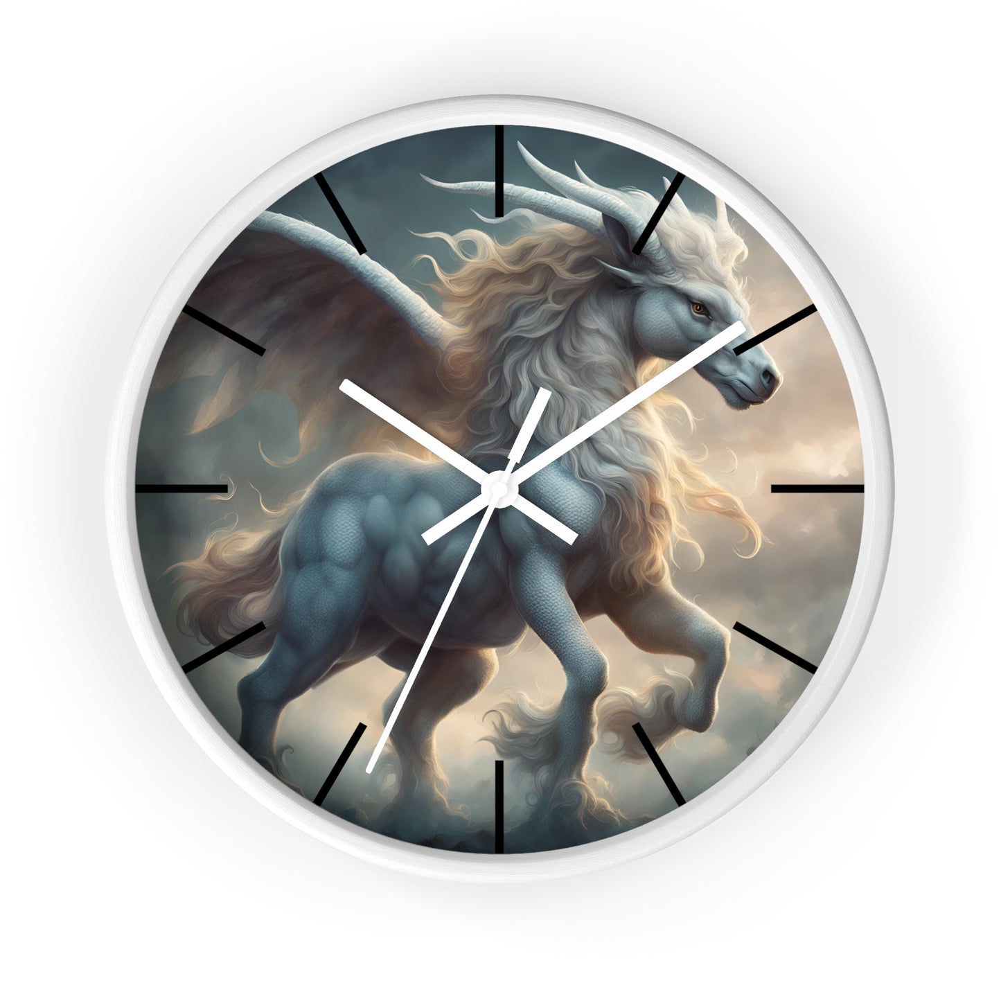 Majestic Myths Art Clock | Pegasus Horned Winged Horse Wall Hanging | Mystical Cloud Sky Fantasy Home Office Decor Gift