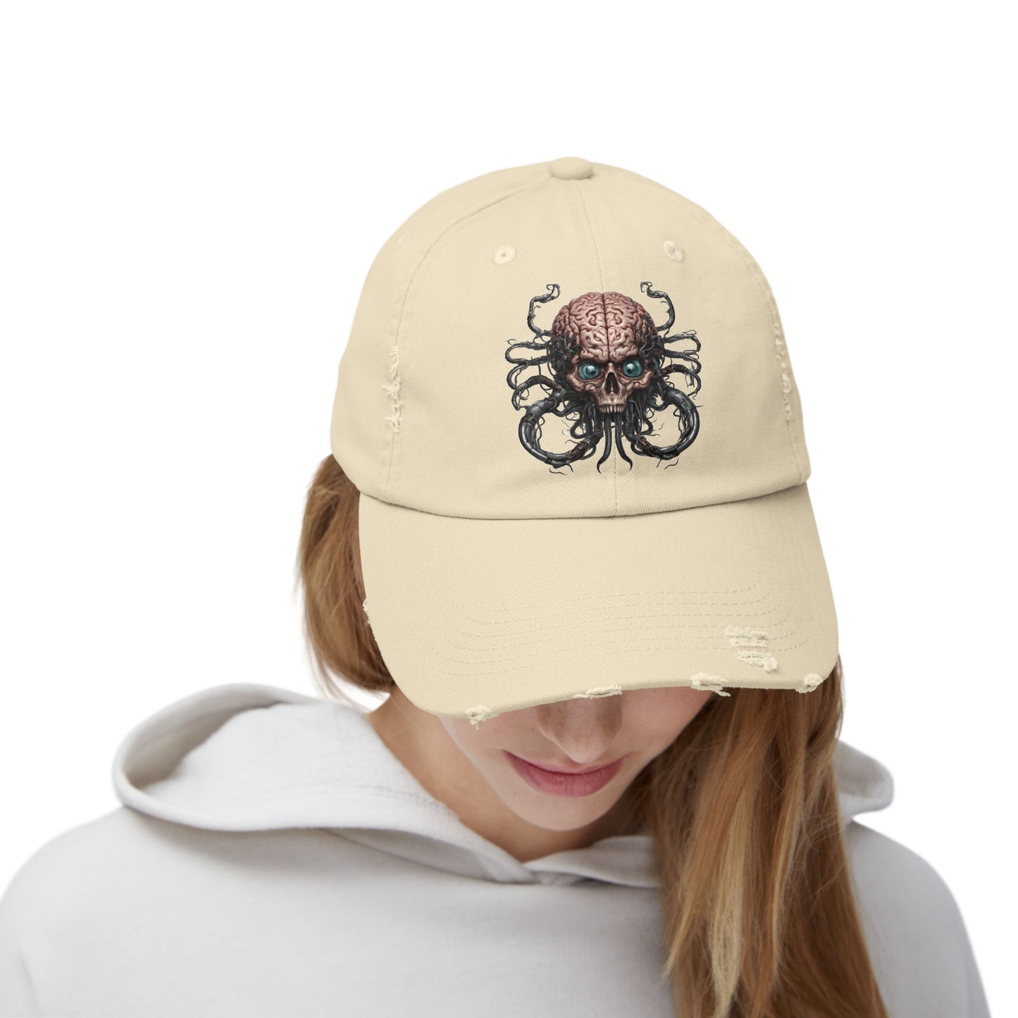 Alien Brain Robot Skull Hat, Contra Video Game Inspired Ball Cap, Metal Tentacle Cyborg Outer Space Bedroom Spring, Summer, Fishing Gift