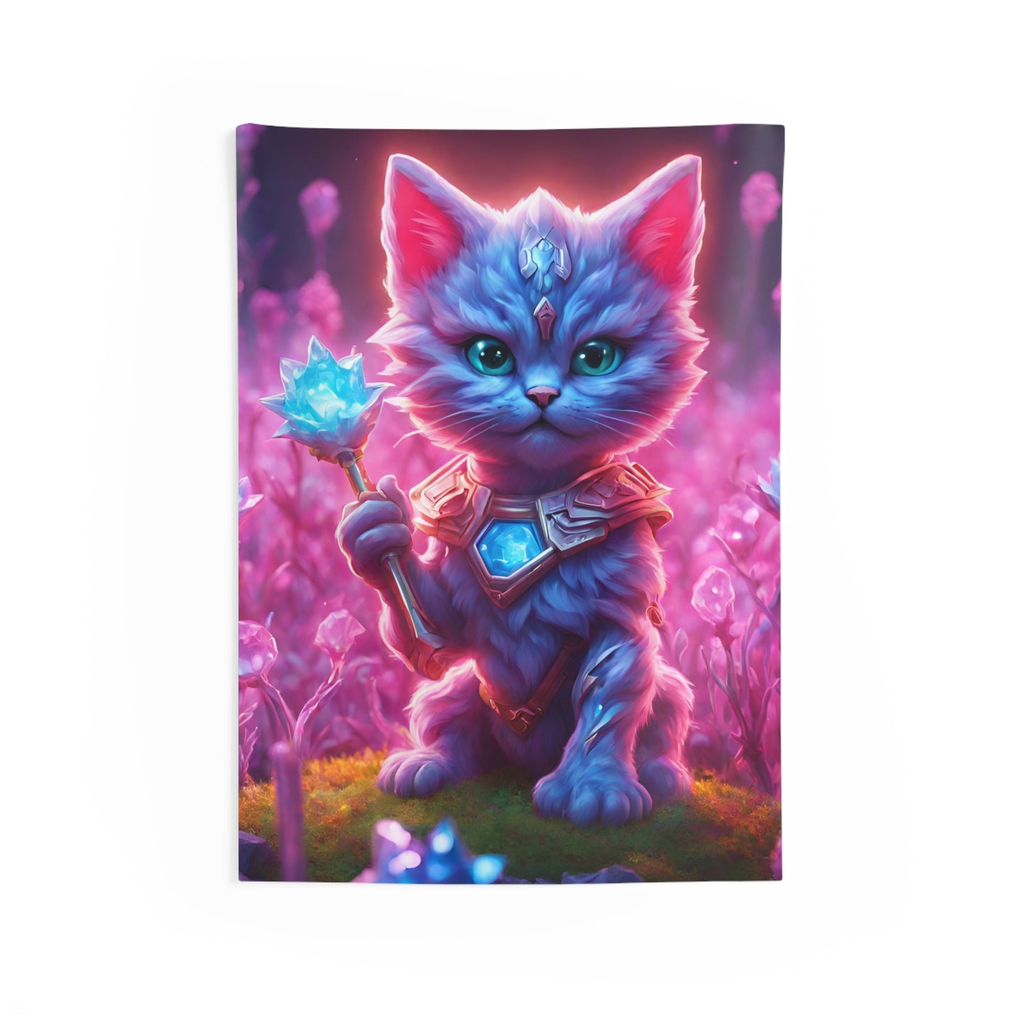 Warrior Cat Crystal Grove Tapestry, Thunder Bolt Armored Kitten Mystical Weapon Wall Hanging, Pink Blue Infused Blossom Field Tapestry
