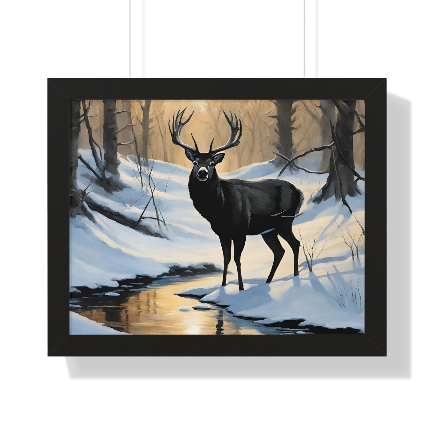 Animal Wall Art, Deer Hunter Picture, Big Buck Print, Woods, Creek, Shadow Wall Hanging, Sunset Snow Image, Living Room Poster, Framed Art