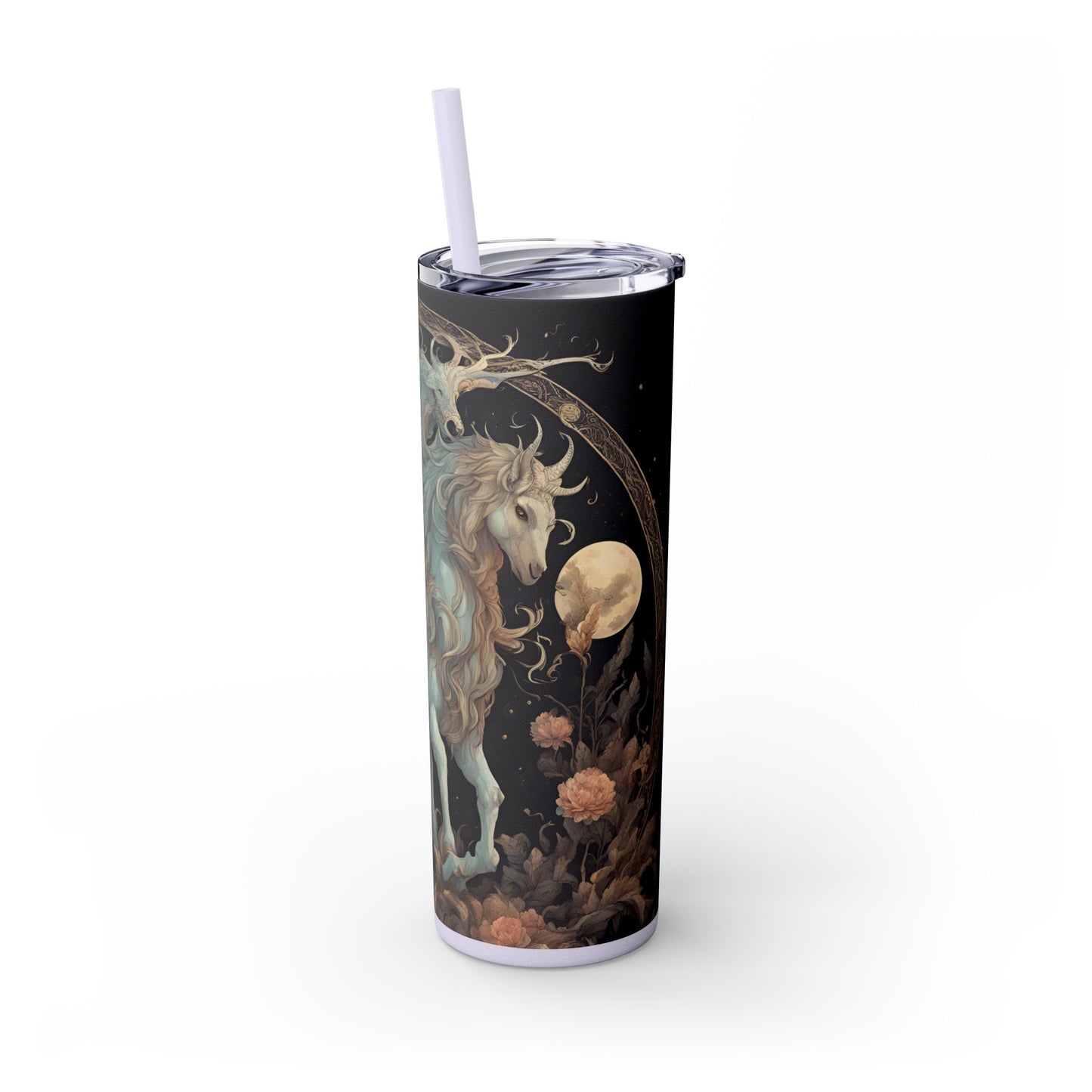 Majestic Myths Skinny Tumbler | Horned Goat Horse Drinking Cup | Floral Flower Night Sky Moon Fantasy Road Trip Exercise Traveler