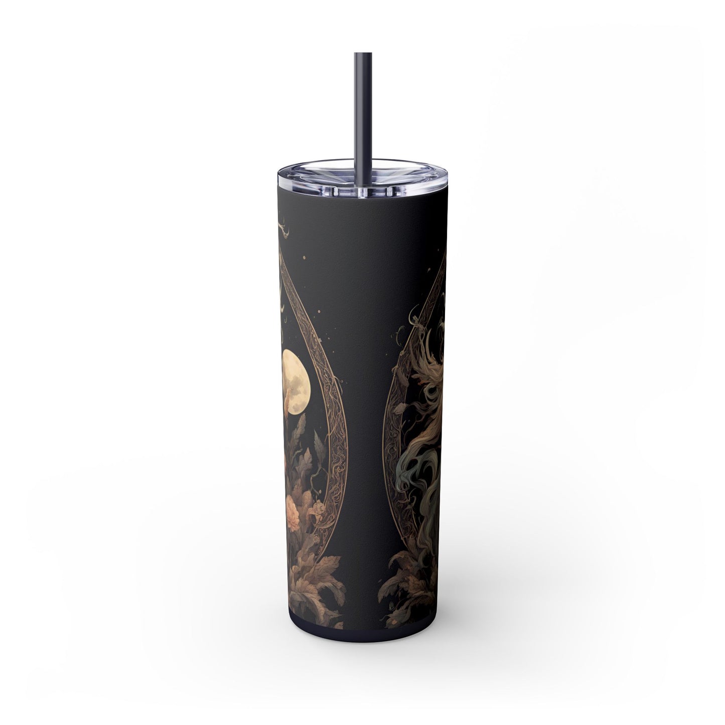 Majestic Myths Skinny Tumbler | Horned Goat Horse Drinking Cup | Floral Flower Night Sky Moon Fantasy Road Trip Exercise Traveler