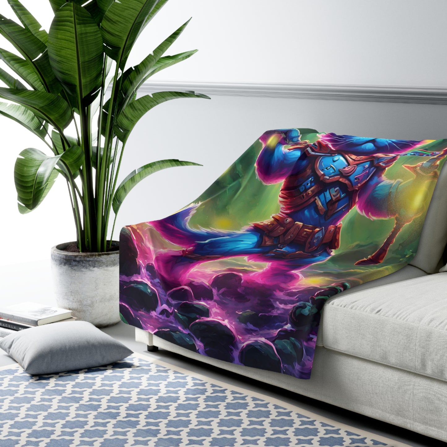 Warrior Cat Blanket, Cat Lovers Gift, Glowing Firefly, Neon Kitten, Plush Sherpa, Night Forest, Fleece, Armored Sword, Kitty Bed Cover Throw