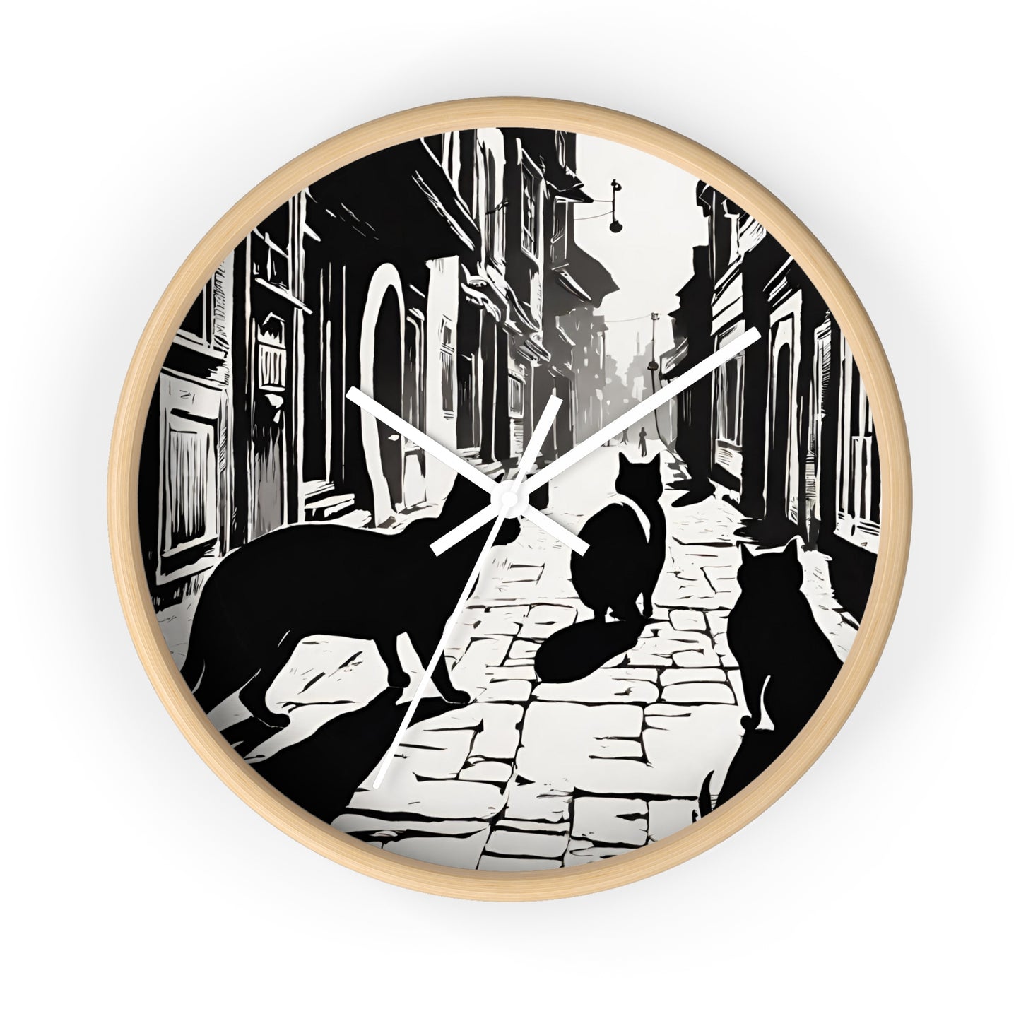 Cat Wall Art Clock | Shadow Feline Figures Town Wall Hanging | Home Office Cat Lovers Gift