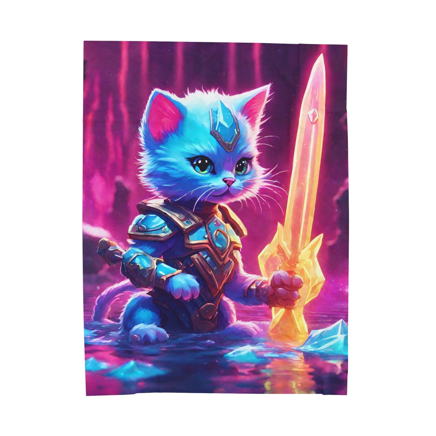 Warrior Cat Crystal Sword Blanket, Glowing Neon Cave Plush Sheet Blanket, Armored Kitten Bed Cover, Shielded Mystic Blade Bedroom Throw