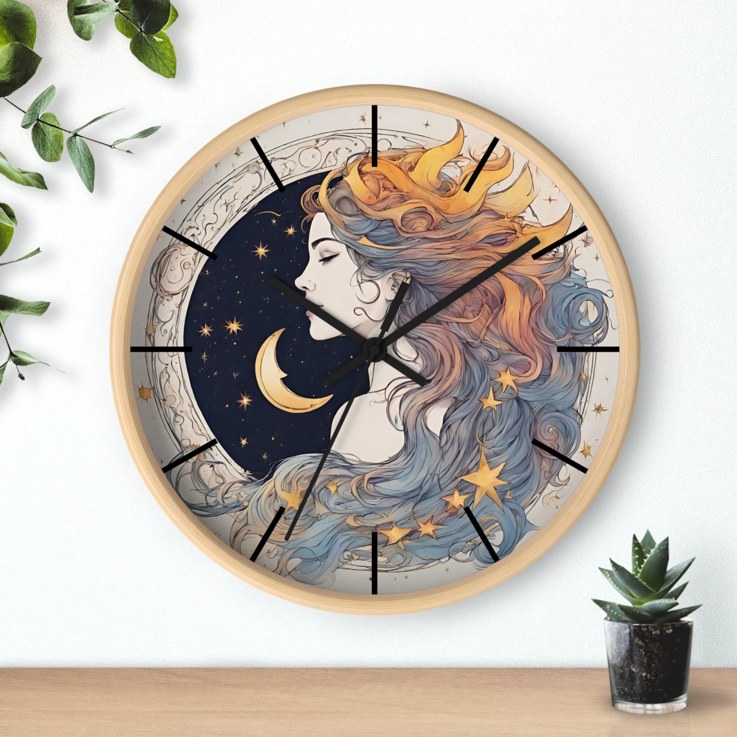 Moon Goddess Lined Wall Art Clock | Lunar Stars & Space Astronomy Wall Hanging | Woman of Time Home Office Solar System Wall Decor Gift