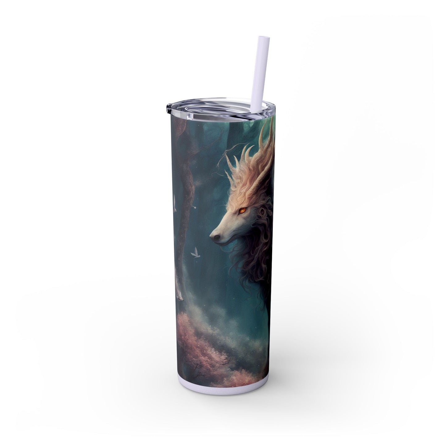 Majestic Myths Skinny Tumbler | Floral Flower Forest Horned Horse Insulated Cup | Mystical Maned Goat Fantasy Drink Travel Exercise Gift