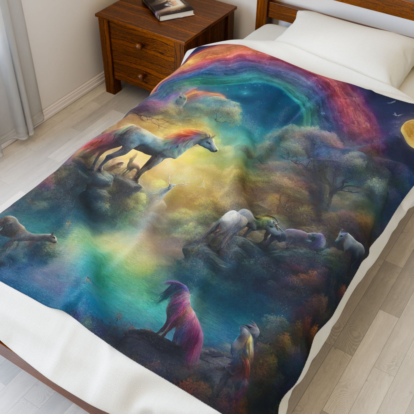 Girls Rainbow Blanket, Mystical Horse Girls Christmas Gift, Moonlight Fantasy Dreams Toddler Childrens Bed Blanket