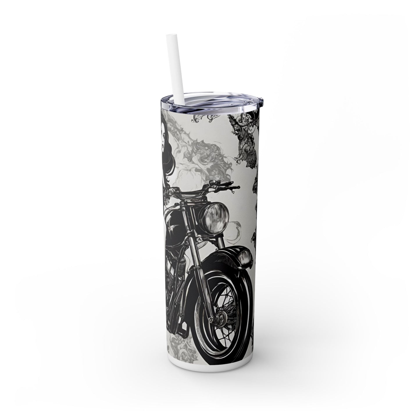 Gothic Beauty Biker Skinny Tumbler, Biker Babe Motorcycle Traveler, Leather Clad Hot or Cold Drinking Cup, Exercise Workout Beverage Holder