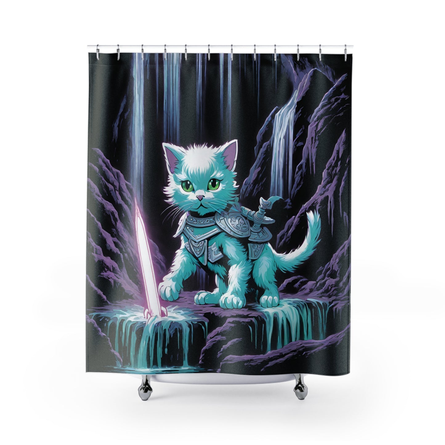 Cat Warrior Shower Curtain, Kitten Cave Explorer, Waterfall Caverns Cat, Mystical Neon Sword
