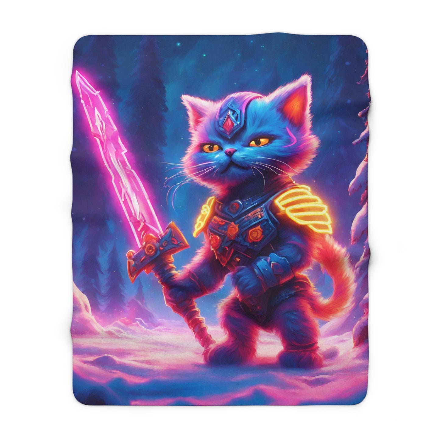 Warrior Cat Blanket, Glowing Kitten Plush Sherpa Blanket, Neon Sword Fleece, Armored Kitty Bed Cover, Winter Fantasy Couch Cover