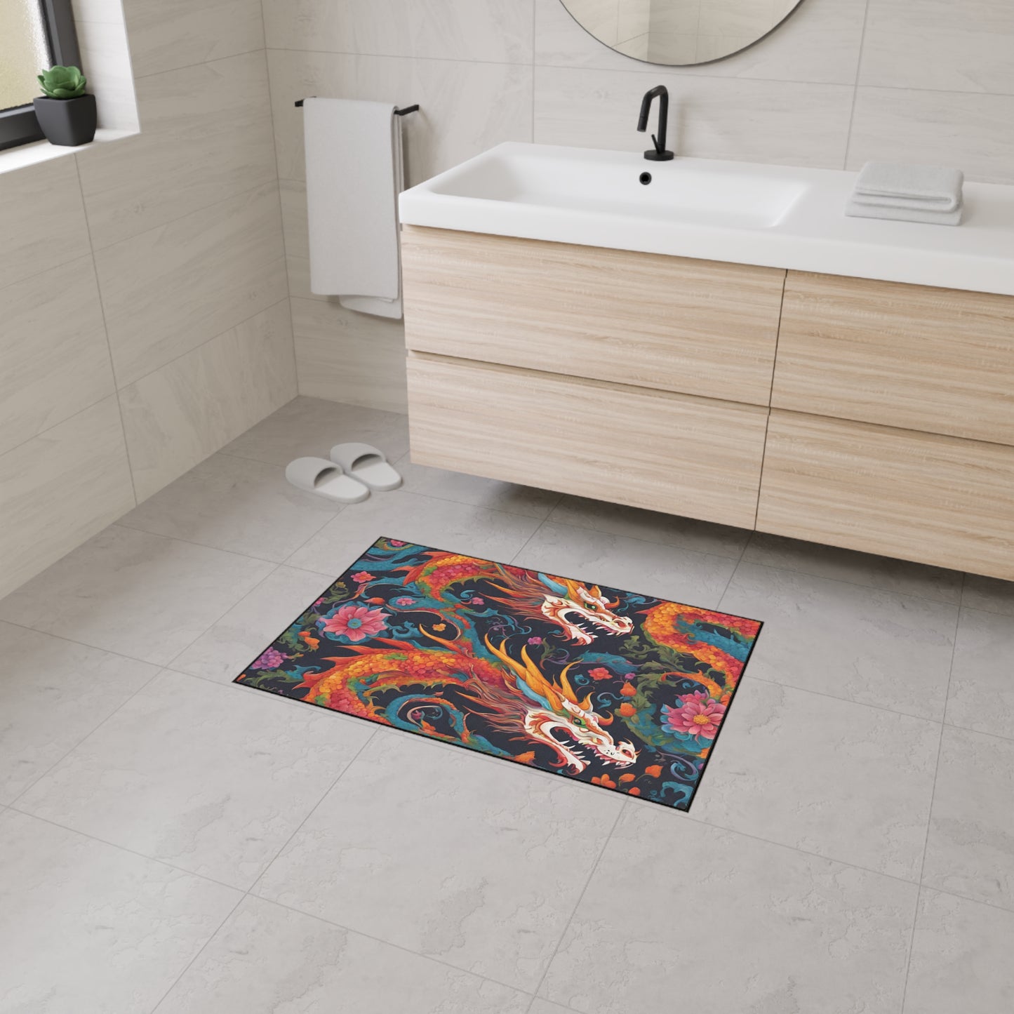 Japanese Dragons Floral Heavy Duty Floor Mat | Flower Pattern Twin Serpent Bathroom Decor | Entryway Flowered Chinese Dragon Lover Gift