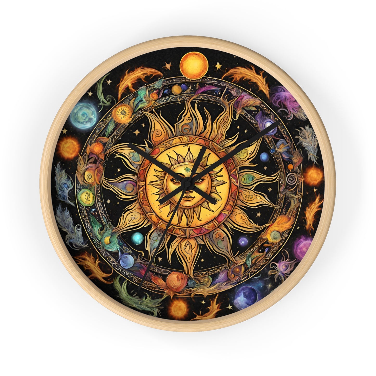 Sun Collage Wall Art Clock | Celestial Solstice Astronomy Wiccan Hanging | Comet Constellations Home Office Solar System Pagan Decor Gift