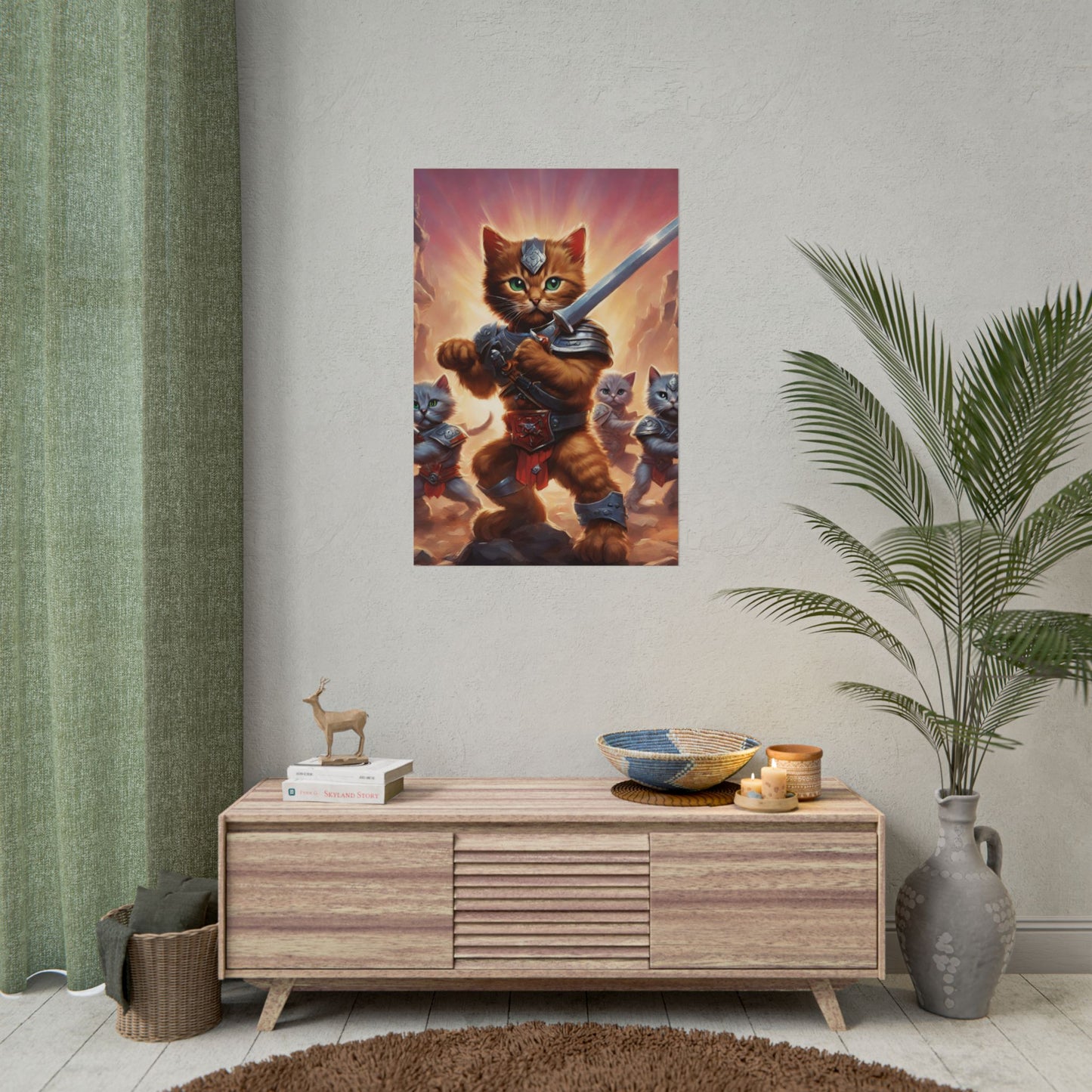 Cat Battler Warrior Poster, Office Child Bedroom Man Cave Portrait, Sword Wielding Cat Universe, Kitten Fighters Fantasy Wall Hanging