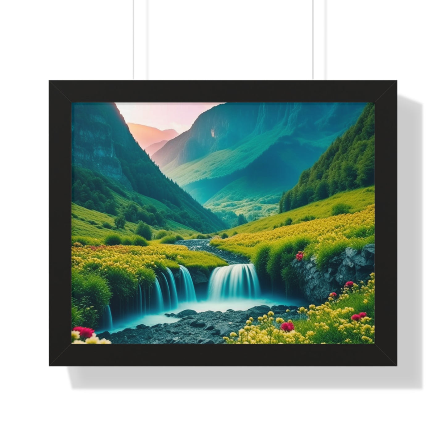 Beautiful Mountain Valley Framed Poster, Waterfall Nature Scene Picture, Flower Blossom Spring Wall Hanging, Flowing River Office Scenery